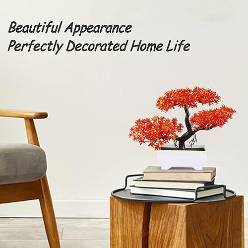 Miniatura 3 de Frjjthchy Mini plantas artificiales de bonsái con macetas de cemento de plástico para decoración del hogar y la oficina (naranja)