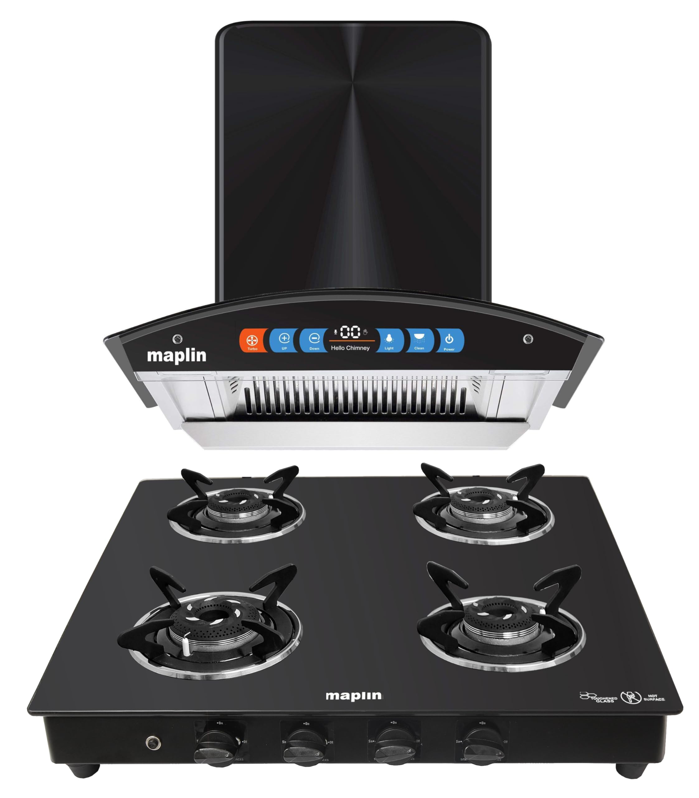 Maplin Combo of SS60 BLDC Voice Glass Kitchen Chimney in 60cm & 4 Burner Cooktop in Curve Glass-image-17