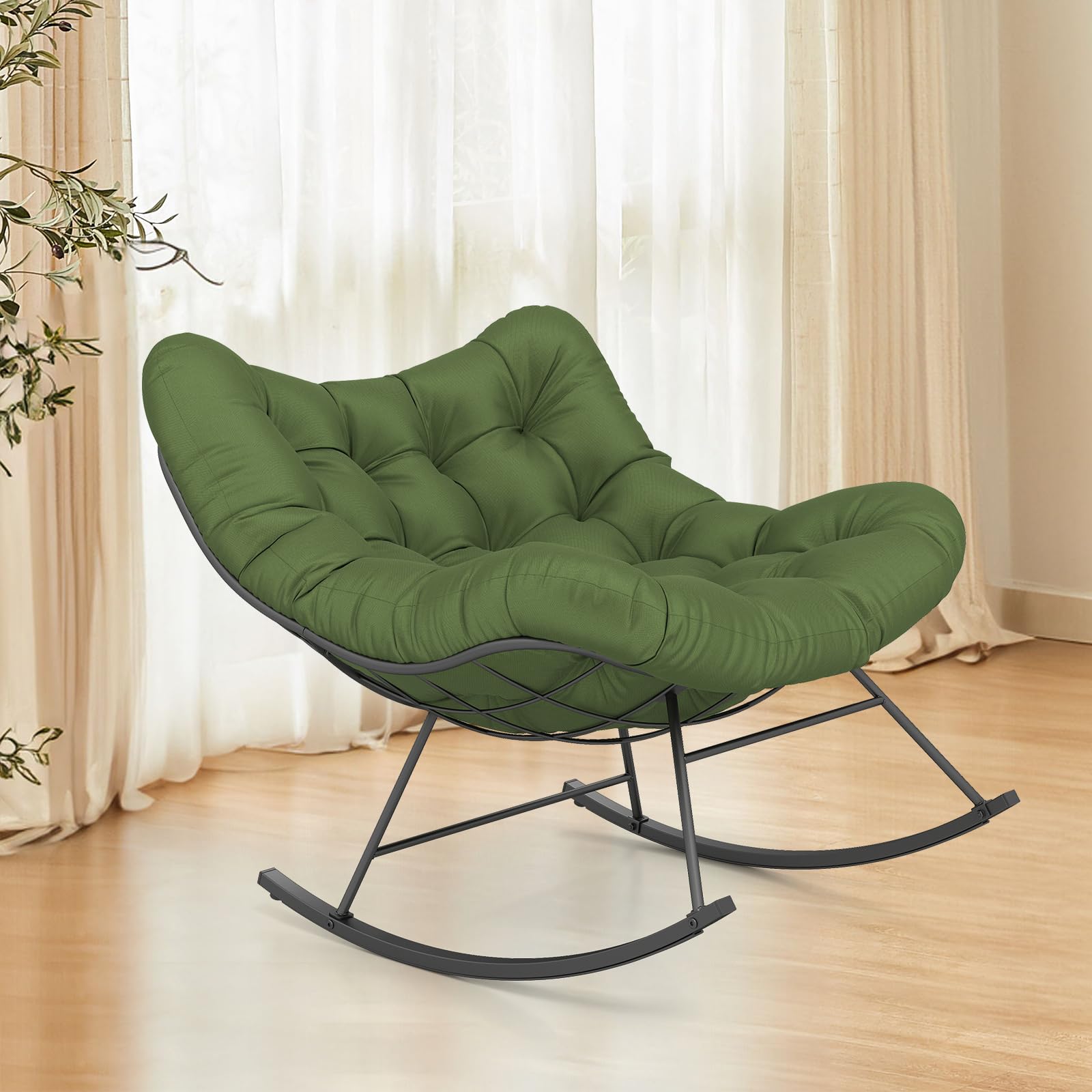 GIANTEX Sedia a dondolo Oversize, Sedia Papasan a forma di uovo con cuscino spesso, poltrona a dondolo per interni ed esterni, carico 205 kg, per giardino, terrazza, grigio (Verde)