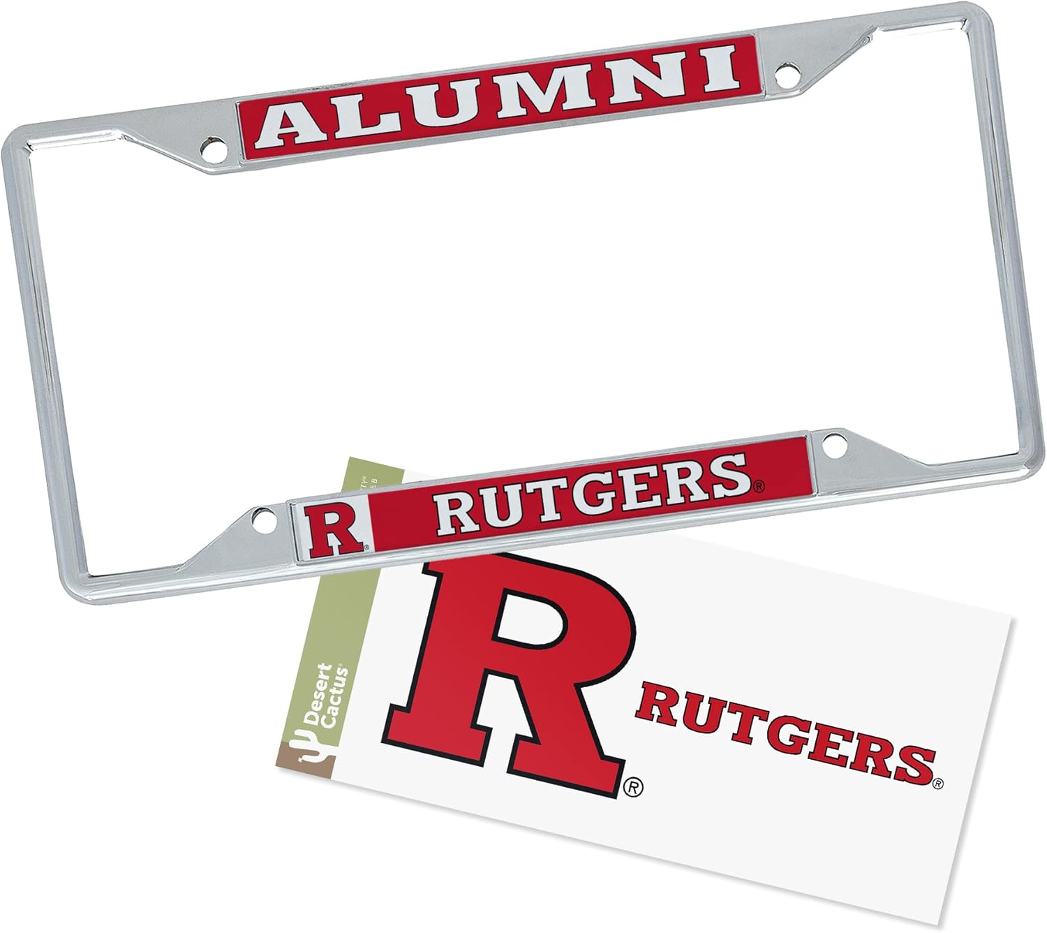 Desert Cactus Rutgers License Plate Frame Metal Car Tag Holder and Sticker for Front or Back of Car Officially Licensed (Sticker Frame Combo - Alumni)