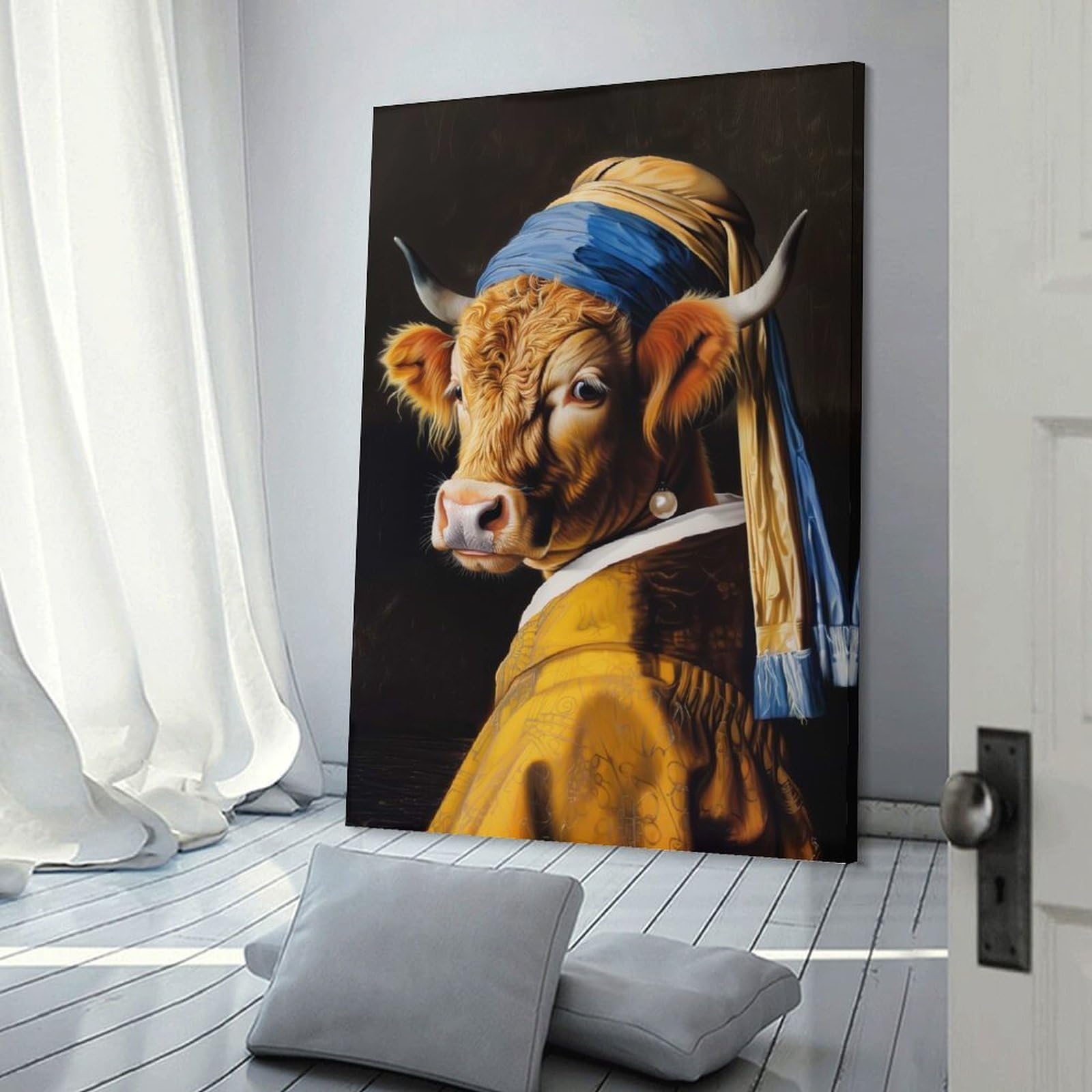 Junmoney Frame-Style-21 Wall Art Print Highland Cow Pearl Earring, 24X36inch(60X90cm), For Contemporary Homes, Apartments Or Offices, An Easy Choice For New Home Styling
