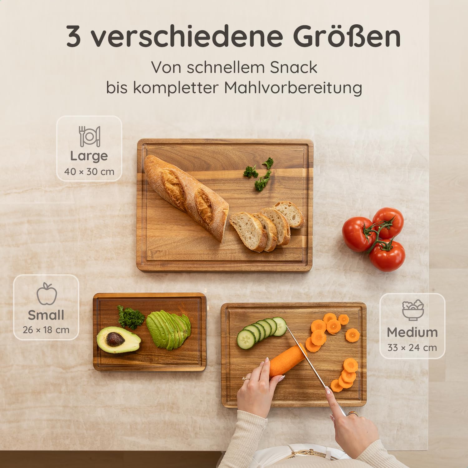 Schneidebrett Holz 3er Set mit Ständer (40x30, 33x24, 26x18 cm) - FSC Akazienholz Schneidebrett massiv 2.5 cm dick mit Saftrille - Acacia Holz Küchenbrett Set groß klein