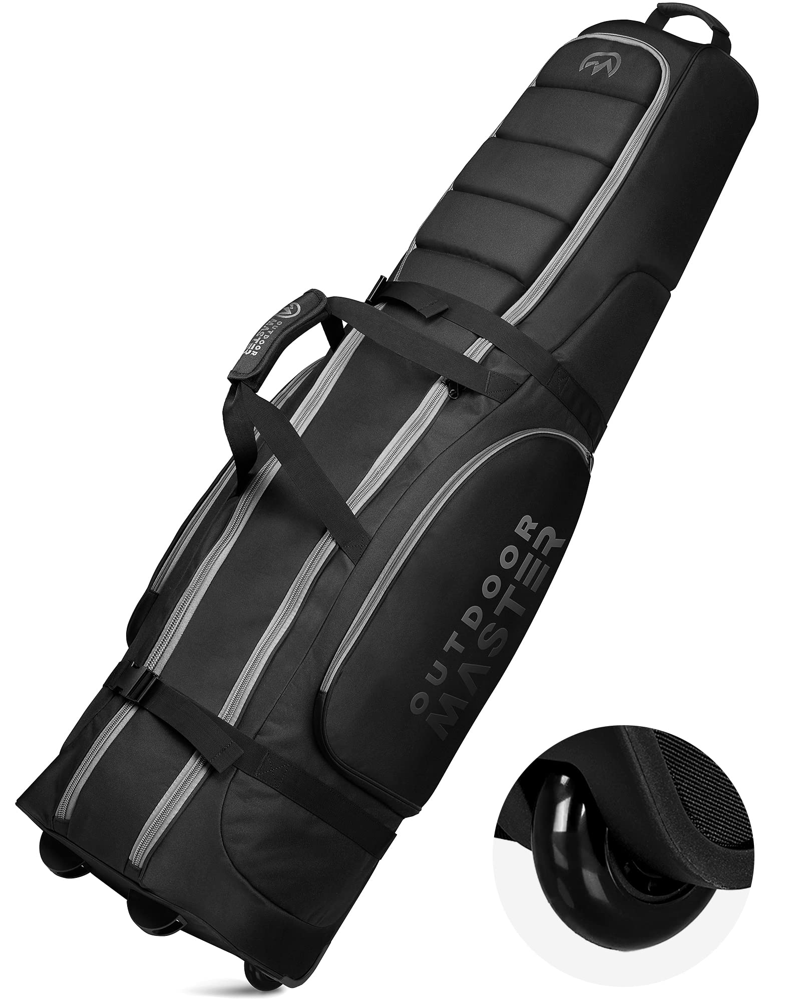 OutdoorMaster Padded Golf Travel Bag with Reinforced Wheels, 900D Heavy Duty Oxford Wear-Resistant and Waterproof Golf Travel Case, Soft-Sided Golf Club Bag, Shoes and Accessories Compartment, Black