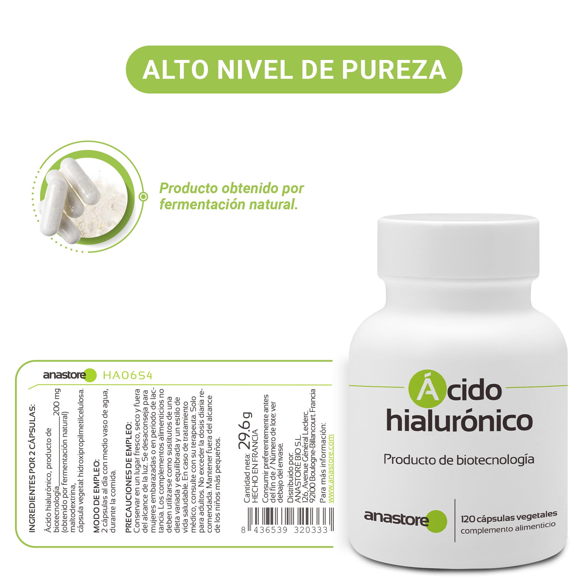 ÁCIDO HIALURÓNICO, producto de biotecnología * 100 mg / 120 cápsulas vegetales * Pureza garantizada al 90% como mínimo * Calidad controlada por certificado de análisis