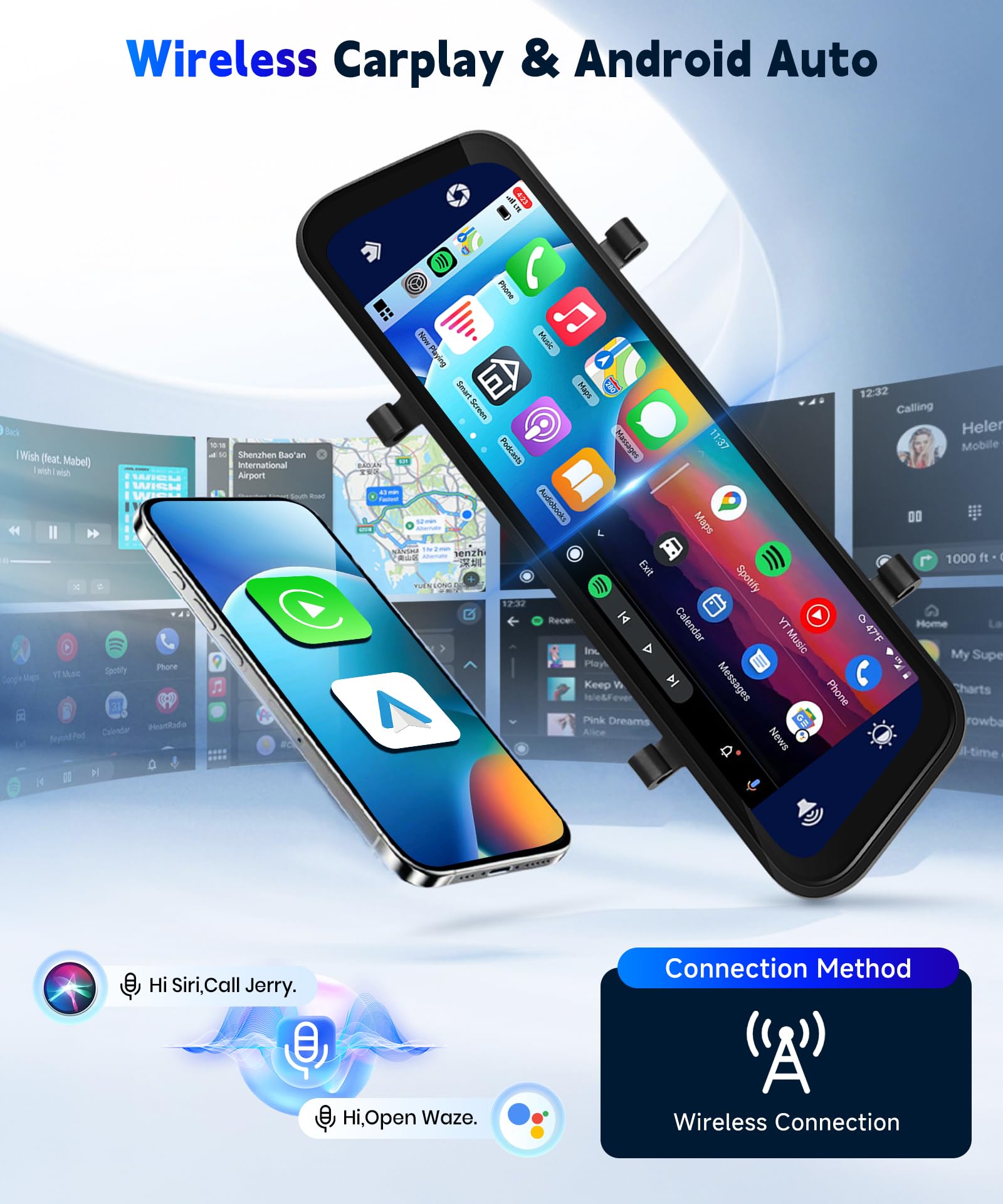 9.66‘’ 1080P Dashcam Rétroviseur avec Carplay & Android Auto, Caméra Embarquée 1080p, Carte TF 64 Go, Enregistrement 24h/24, WDR, Vision Nocturne, Commande Vocale
