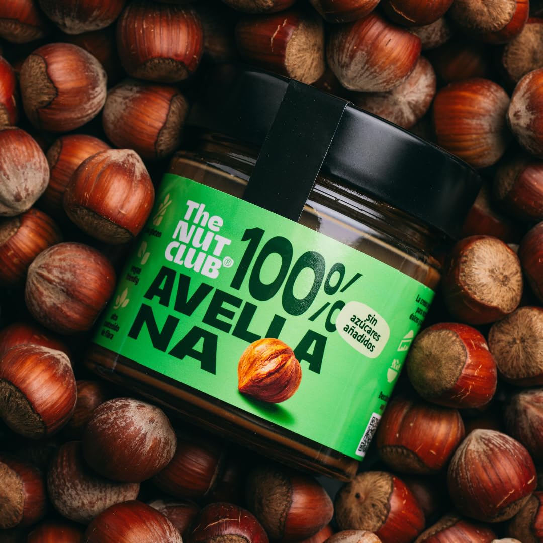 The Nut Club Crema de Avellana 100% Tostada 180 g, Vegana, sin Azúcares Añadidos, sin Gluten y sin Cacahuete, Textura Cremosa Ideal para Untar, Desayunos y Postres