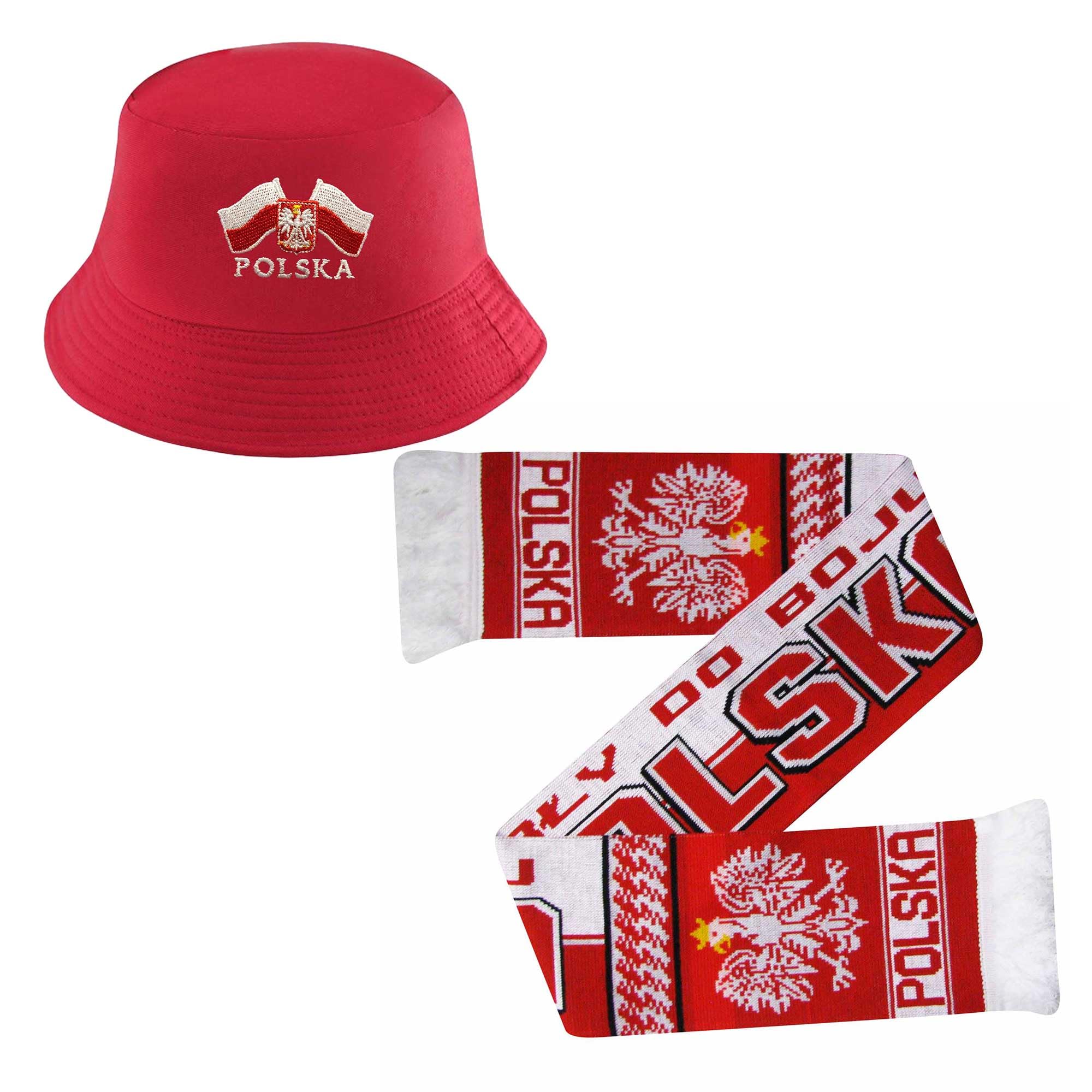 Poland Official Football Supporters’ Bucket Hat & Scarf Set - Polska Fans Unisex Hat and Scarf (Cotton Hat - Acrylic Scarf)