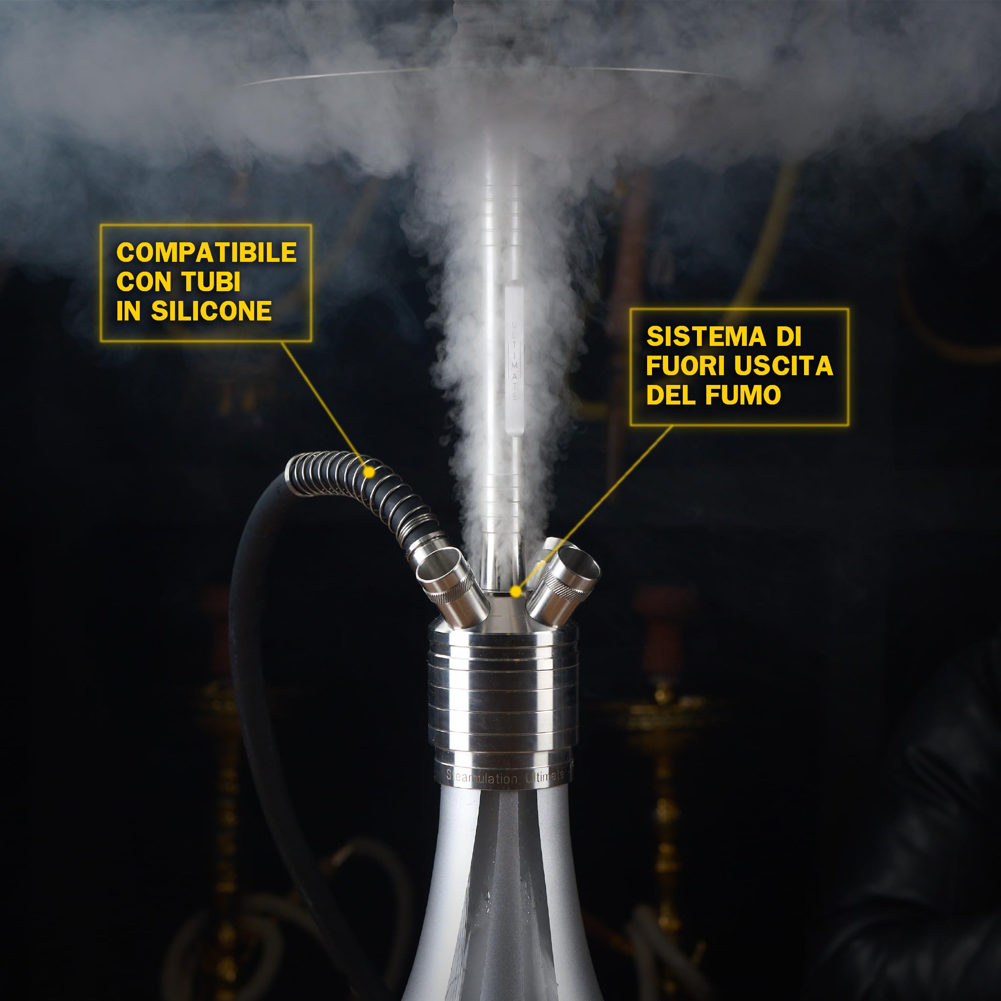 Steamulation Cachimba Ultimate Silver Metallic Gen.I | Shisha de Acero Inoxidable con Manguera de Silicona, Boquilla, Pinza, Cazoleta de Piedra HMD + 1 kg Carbón Cocobration 27 mm