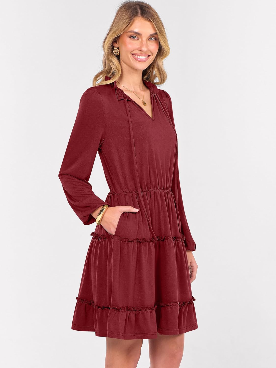 Caracilia Long Sleeve Dress for Women Fall 2025 Casual V Neck High Waist Tiered Ruffle Aline Swing Tunic Short Mini Dresses - Image 4