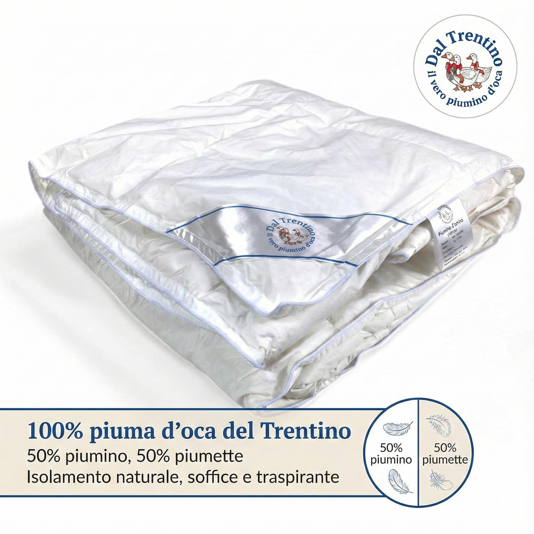 Piumino d’Oca Matrimoniale Trentino 250x200 cm, Piumone Invernale Caldo e Soffice, 100% Piuma d’Oca Naturale, Imbottitura 360 g/m², Certificato OEKO-TEX Letto Matrimoniale 2 Piazze Cm. 250x200