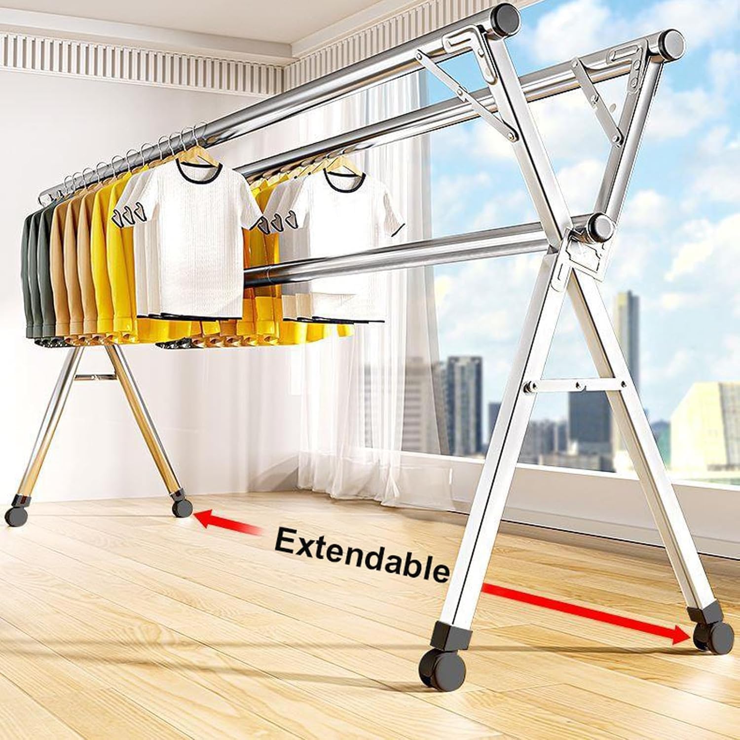 Foldable Space-Saving Clothes Rack Floor-Standing Clothes Rack Tripod Portable Rotating Clothes Rack，94'' Foldable Clothes Drying Rack - Retractable Stainless Steel Laundry Dryer, Space-Savi