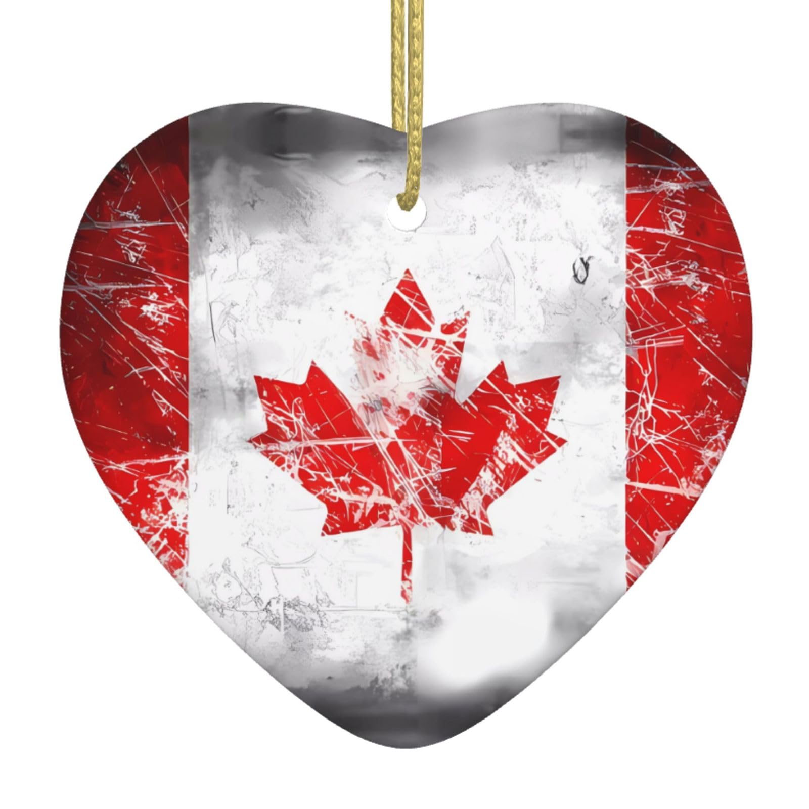Retro Canada Flag Ceramic Christmas Heart Pendant with Silk Thread, Christmas Tree Home Decoration