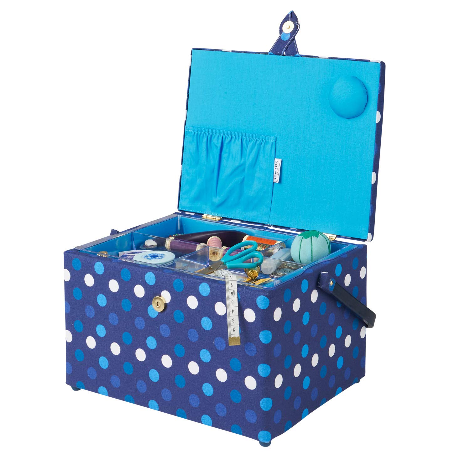Sewing Online Duże pudełko do szycia, granatowe w kropki | 31 x 23 x 20 cm | Koszyk do przechowywania i organizowania z przegrodami na przybory do szycia, akcesoria, nici, igły i nożyczki - GA1123L