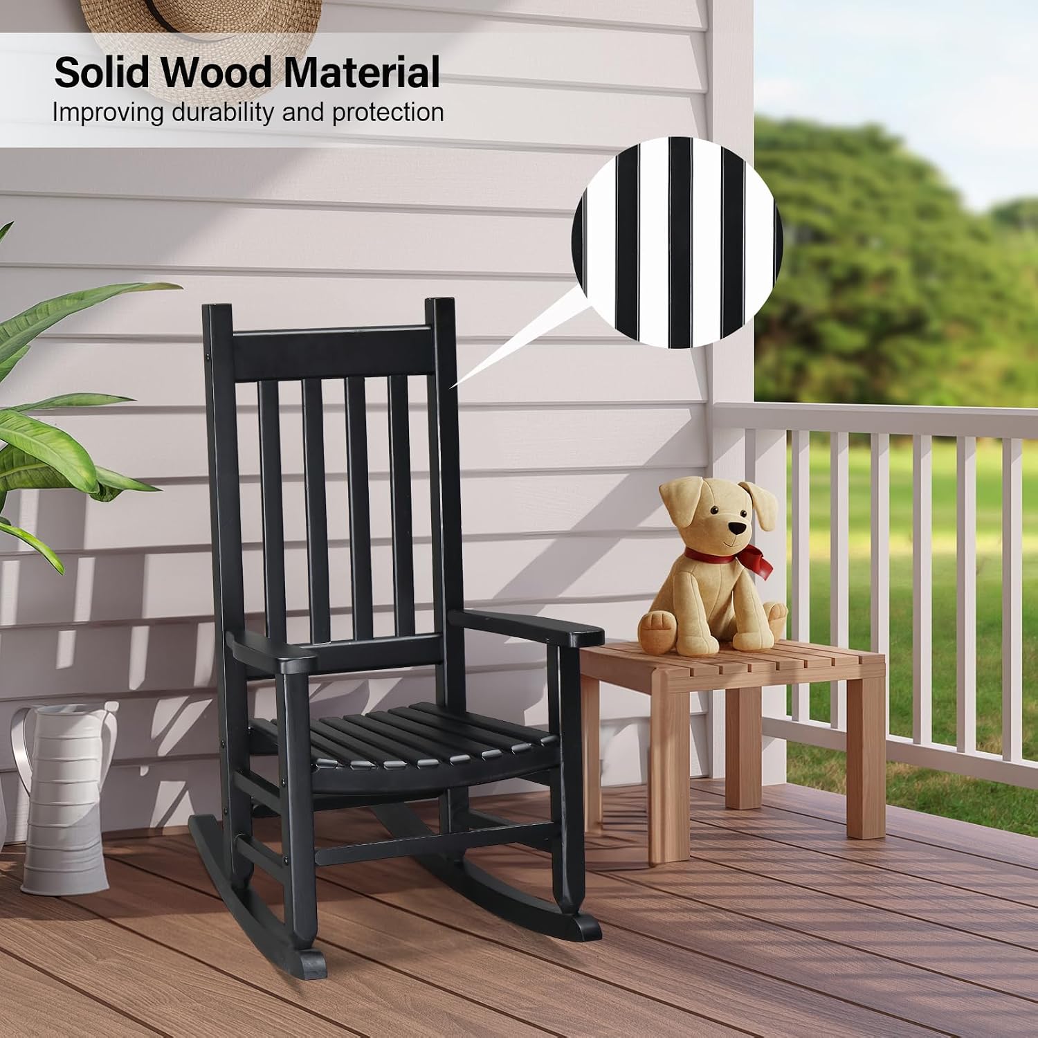 VINGLI Outdoor Child’s Rocking Chair, All Weather Wooden Rocking Chair with High Backrest, Patio Rocker for Garden, Yard, Balcony, Wooden Rocker for 3-9 Years Old, Black