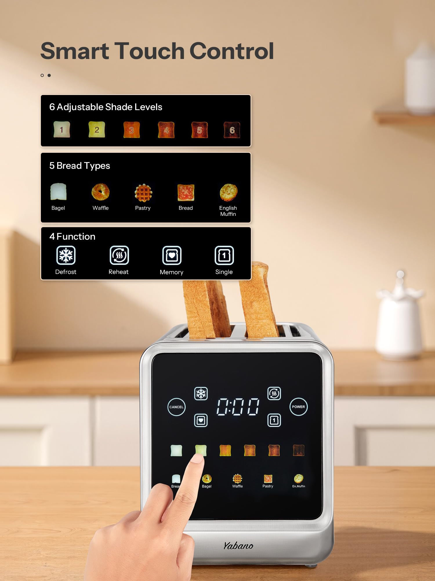 Yabano Tostapane digitale intelligente con touch screen, funzione memoria, tostatura singola, timer, riscaldamento e scongelamento per bagel, pane, waffle, muffin, acciaio inox