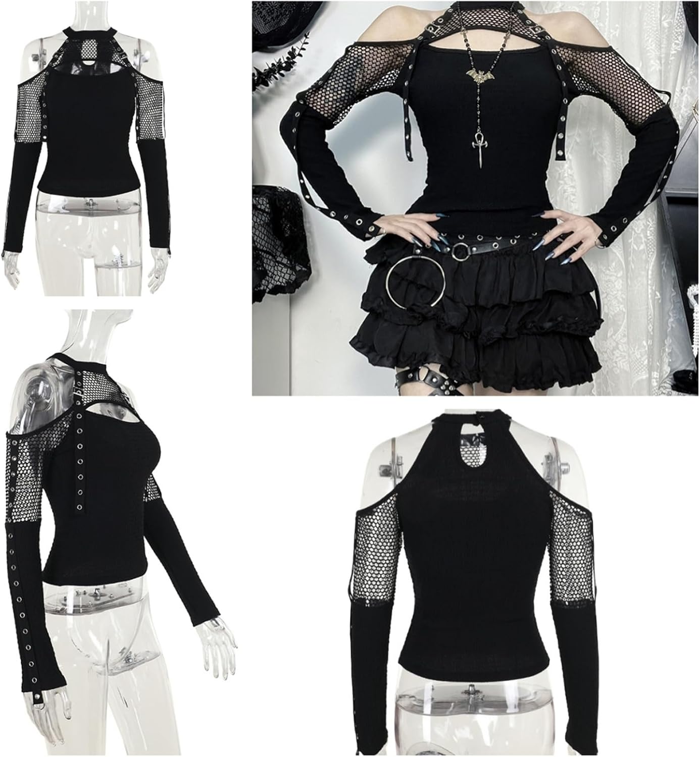 Women Gothic Crop Top Punk Black Long Sleeve Shirt Y2k Mesh Cropped Tops