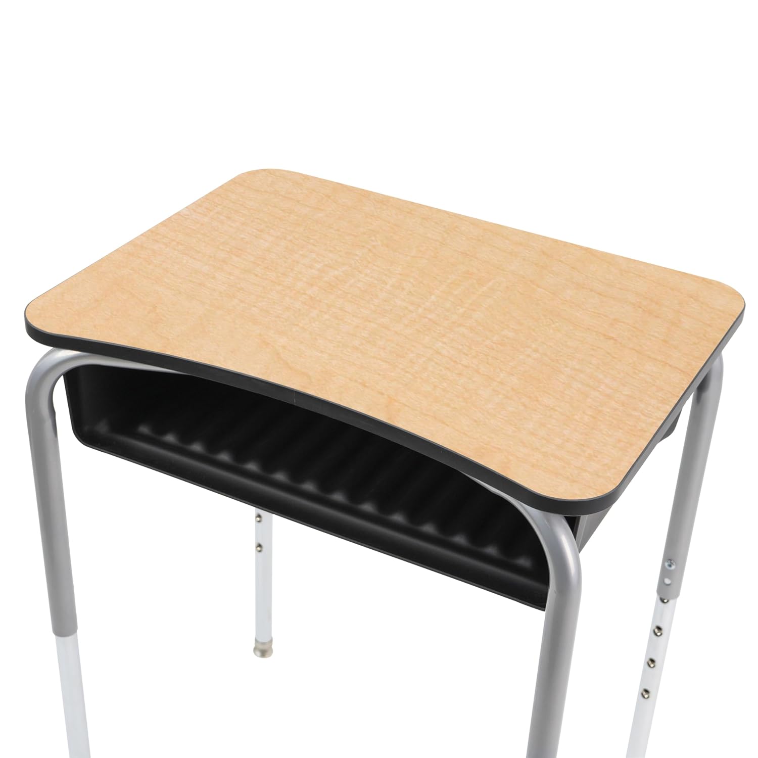 FDP 18" x 24" Belly Curve Classroom Open Front Desk, Adjustable Swivel Gilde Legs (19"-30" Height) with Plastic Black Book Box for School Supplies, 2-Pack, Easy Assembly - Maple/Silver