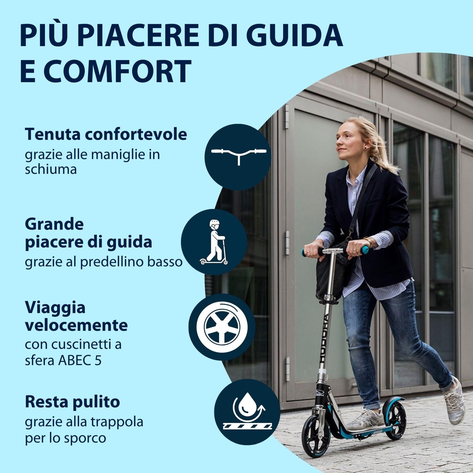 HUDORA Monopattino BigWheel 205 - Monopattino in alluminio resistente - Monopattino pieghevole regolabile con cavalletto - Monopattino sportivo per bambini e adulti fino a 100 kg - nero/blu