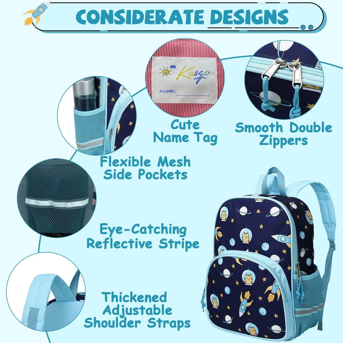 Kasqo Toddler Backpack, Water Resistant Preschool Kids Bookbag Kindergarten Daycare Schoolbag for Boys and Girls 3-6 Years,Blue Astronaut - Image 4