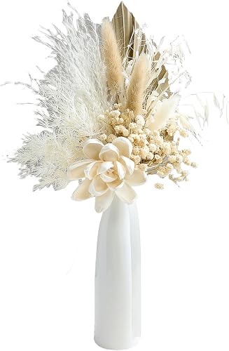 xin's convey Dried Flowers Bouquet with Vase,Dried Pampas Grass Bouquet, Dried Flowers for Boho Home Decor,Farmhouse Decor, Wedding Party Table Centrepieces. (White)