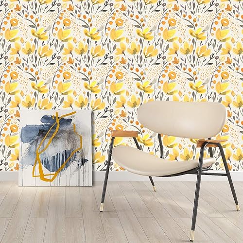 Miniatura 3 de Papel tapiz autoadhesivo Kapok de flores frescas amarillas, autoadhesivas, para despegar y pegar, removible, acuarela, sin costuras, prepegado,