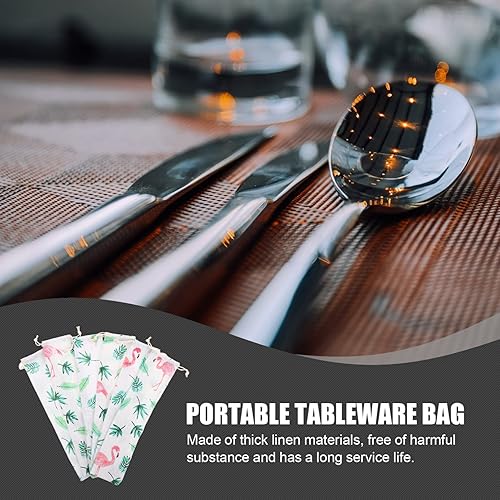 Miniatura 8 de UPKOCH Bolsa de cubiertos con pajita de transporte 6 piezas de pajita reutilizable con cordón, bolsa de cubiertos para cucharas, tenedores