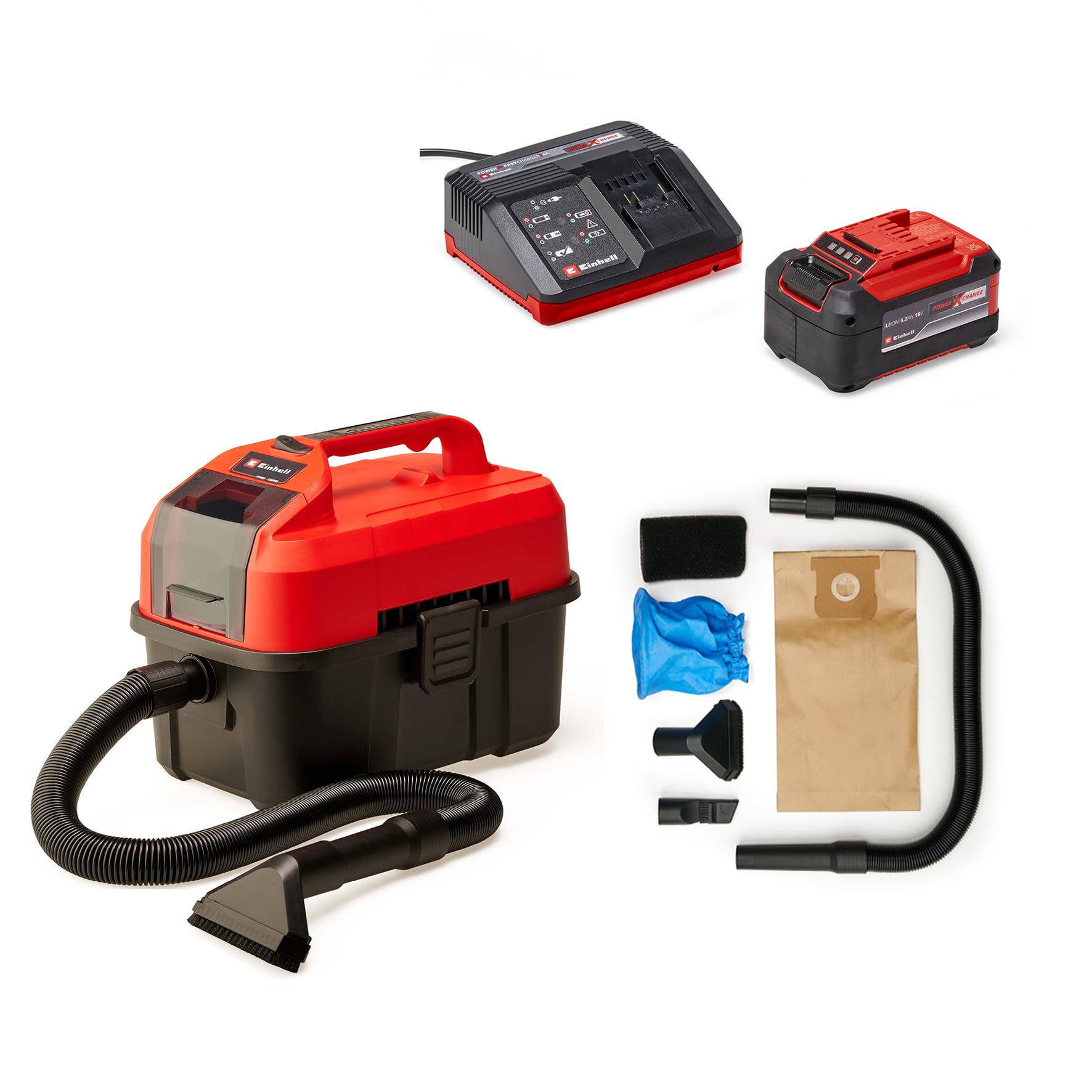 Einhell Akku-Nass-Trockensauger TE-VC 18/10 Li-Solo Power X-Change (10 Liter Tank, inkl. 2 m-Schlauch, Fugen-/Bürstendüse + Polster-/Universaldüse, inkl. 5.2 Ah Akku)