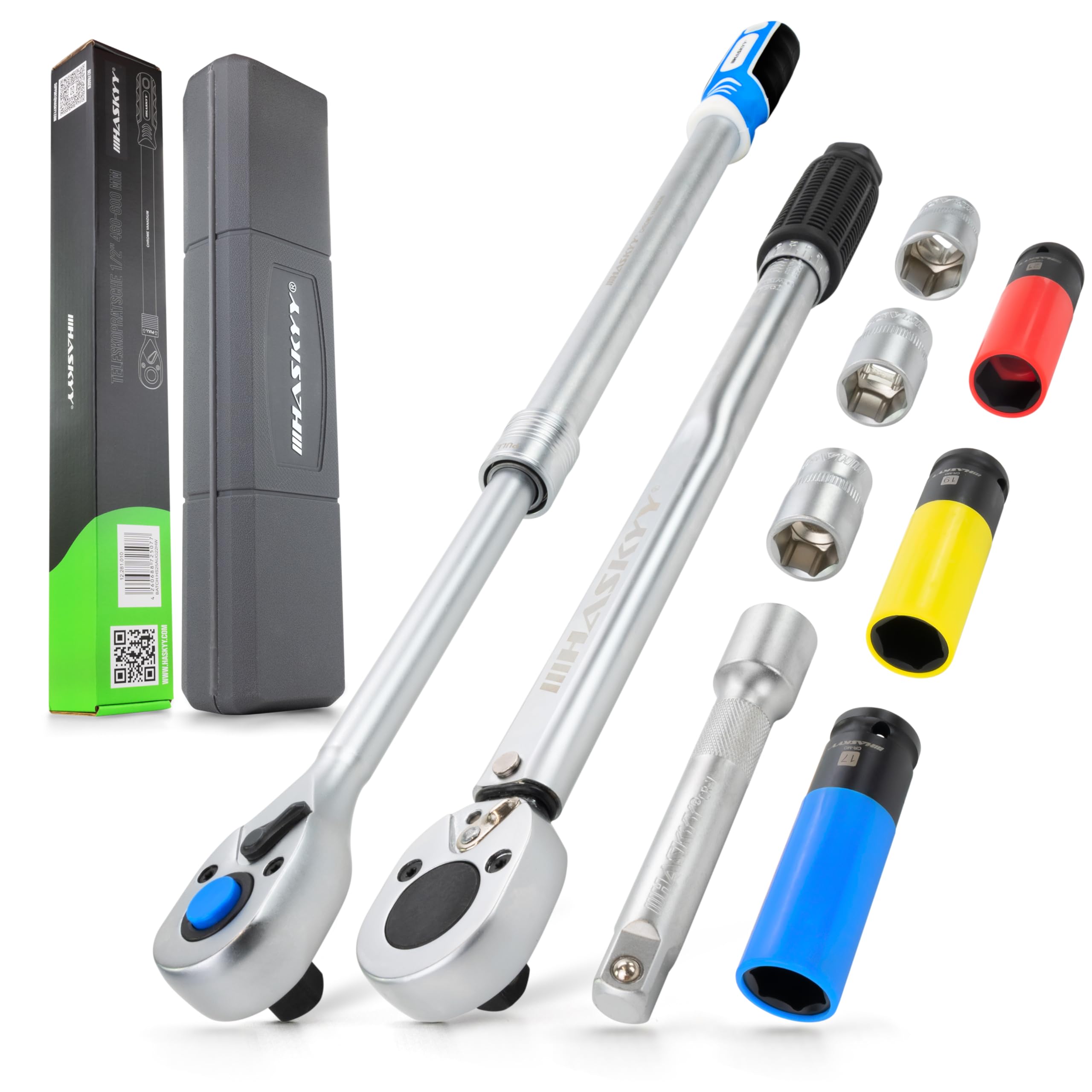 HASKYY Set di 9 chiavi dinamometriche da 1/2" 28-210 Nm e cricchetto telescopico 46-60 cm, set di chiavi a bussola