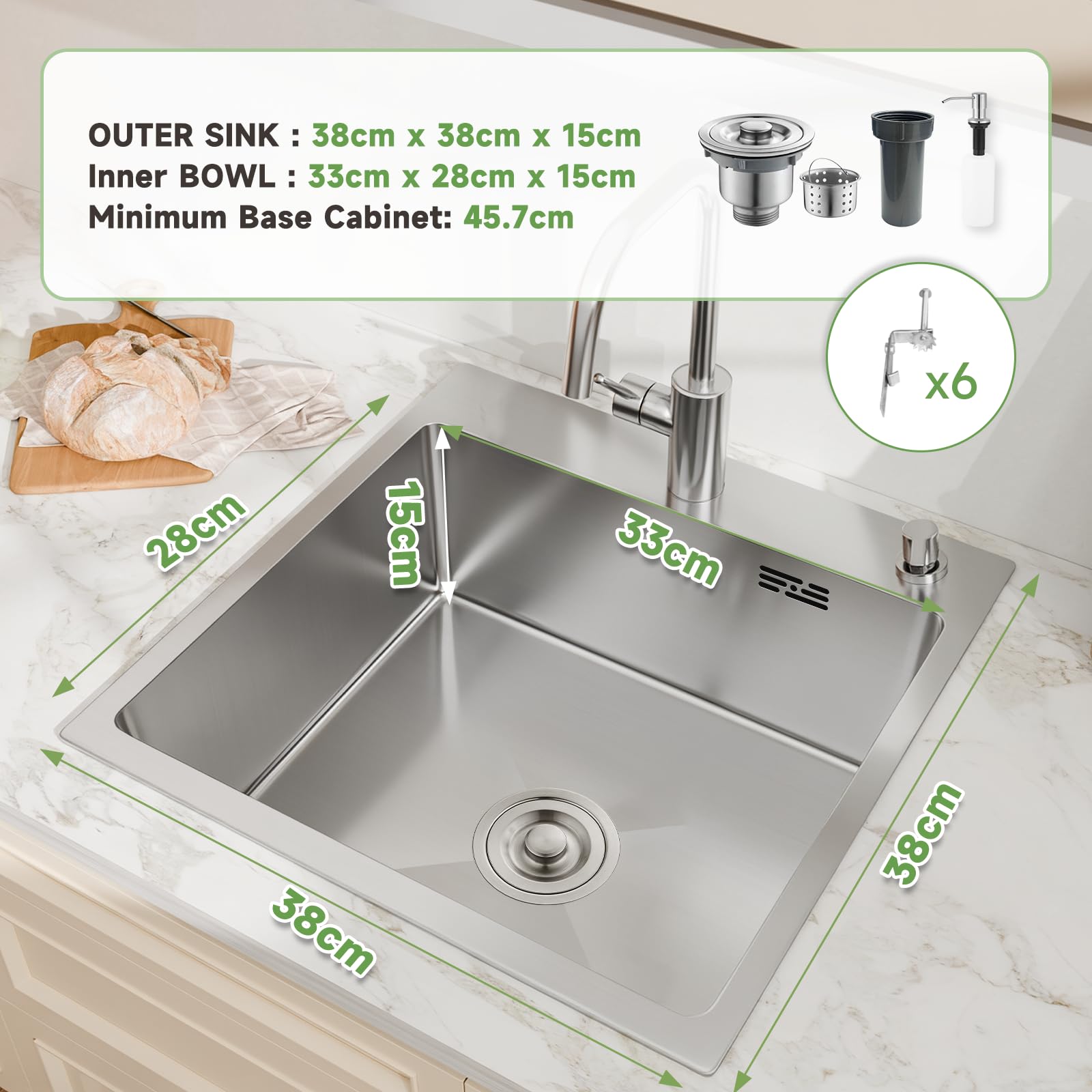 38x38cm Edelstahl Spülbecken, 1 Becken Küchenspüle Auflagespüle mit Siphon Set Edelstahlfarbe, Zwei Löcher mit Seifengerät