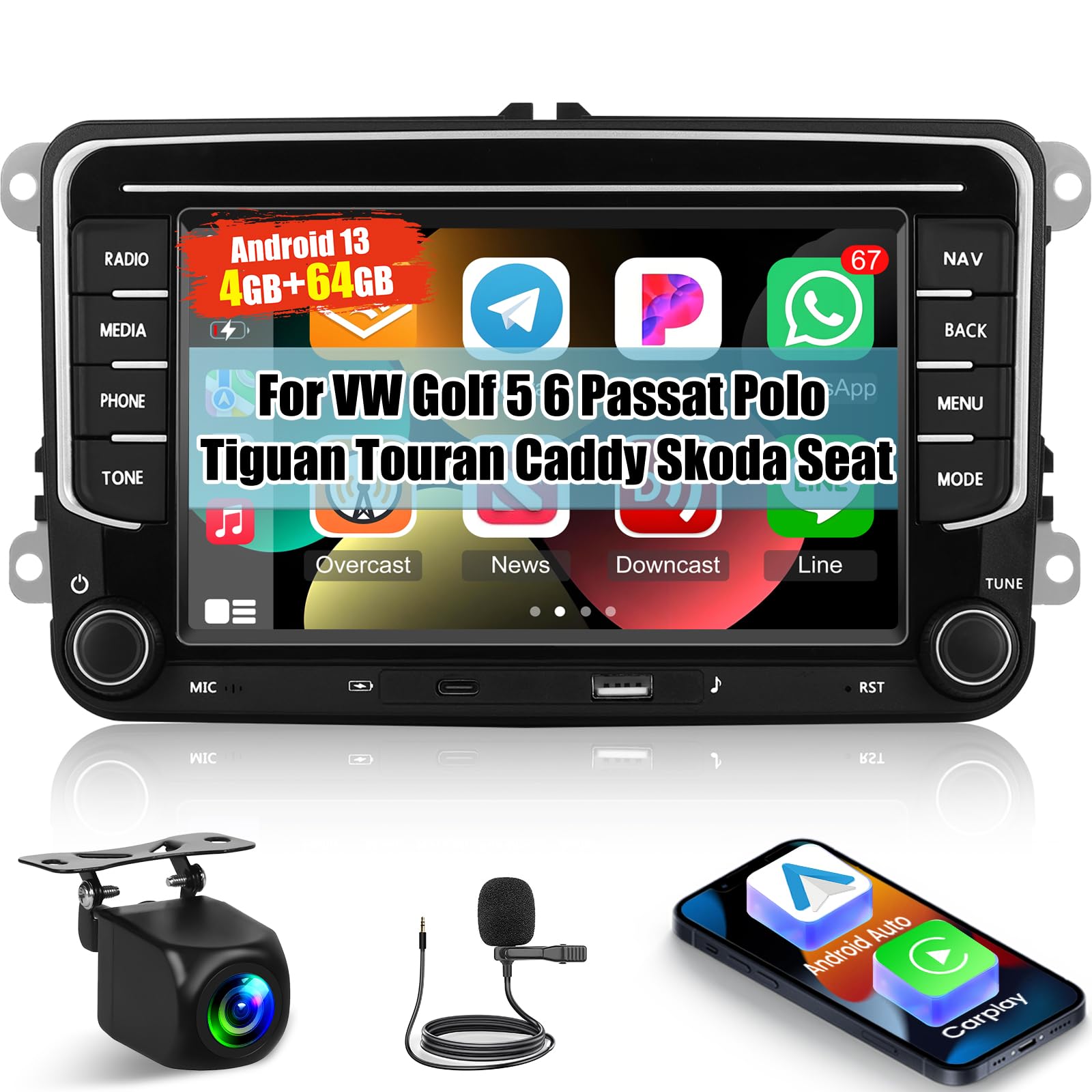 [4+64G] Android Car Stereo für VW Golf 5 6 Passat Polo Tiguan Touran Caddy Skoda Seat mit Wireless Carplay & Android Auto - 7 Zoll IPS Touchscreen Radio mit WiFi AI DSP FM/RDS Radio + Rückfahrkamera