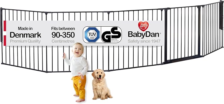 BabyDan Flex XXL, 90-350 cm, Hearth Gate/Stair Gate/Room Divider/Fire Surround, Black, Made in Denmark - Baby Gate/Safety Gate Pet Gate/Dog gate/Dog playpen