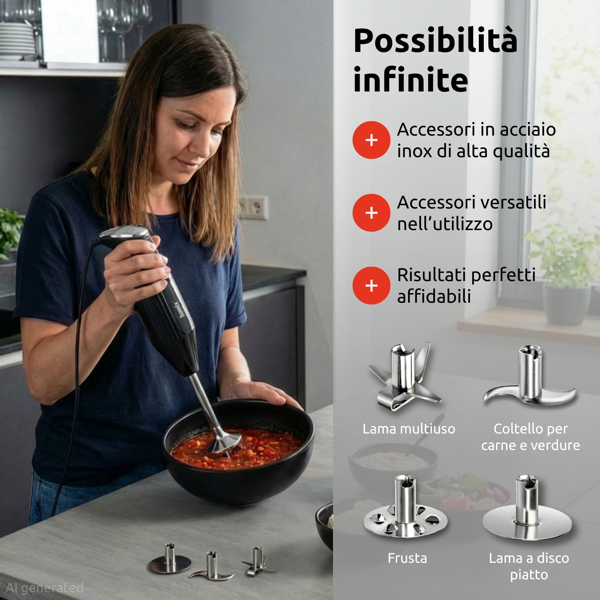 bamix Frullatore a immersione M350 MAXX incl. lama multiuso, per carni e verdure, frusta, frullino in acciaio inox, 300 watt, 2 velocità, Made in Switzerland, Nero/cromo