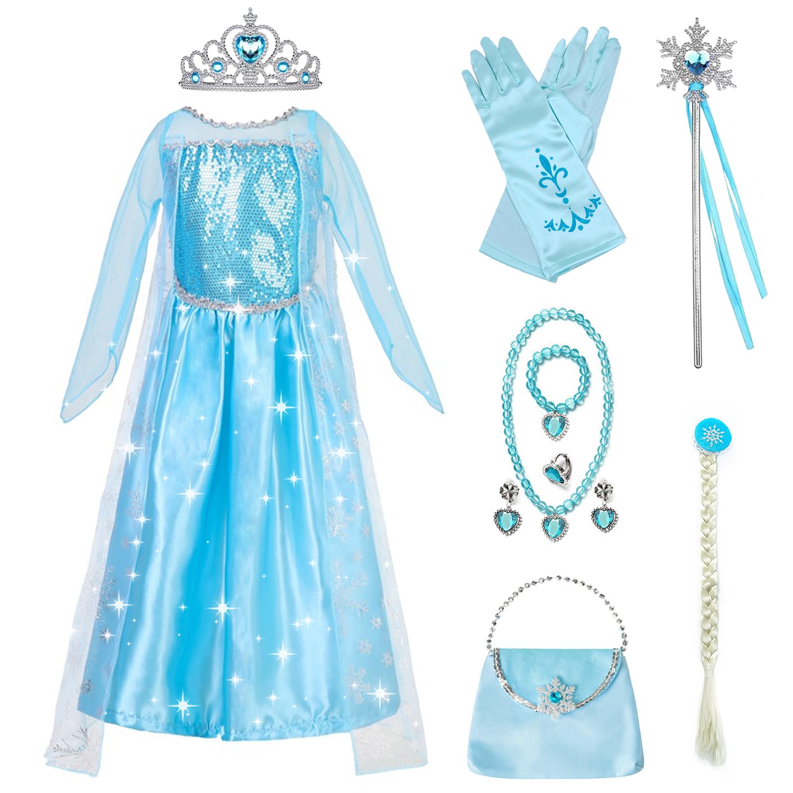 Dress Up for Girls, Princess Costumes Compatible with Elsa, Princess Dress with Cape Crown Gloves Fairy Wand Braided Wig Handbag 4 Jewels, World Book Day Fancy Dress Party Cosplay for 3 4 Years Kids