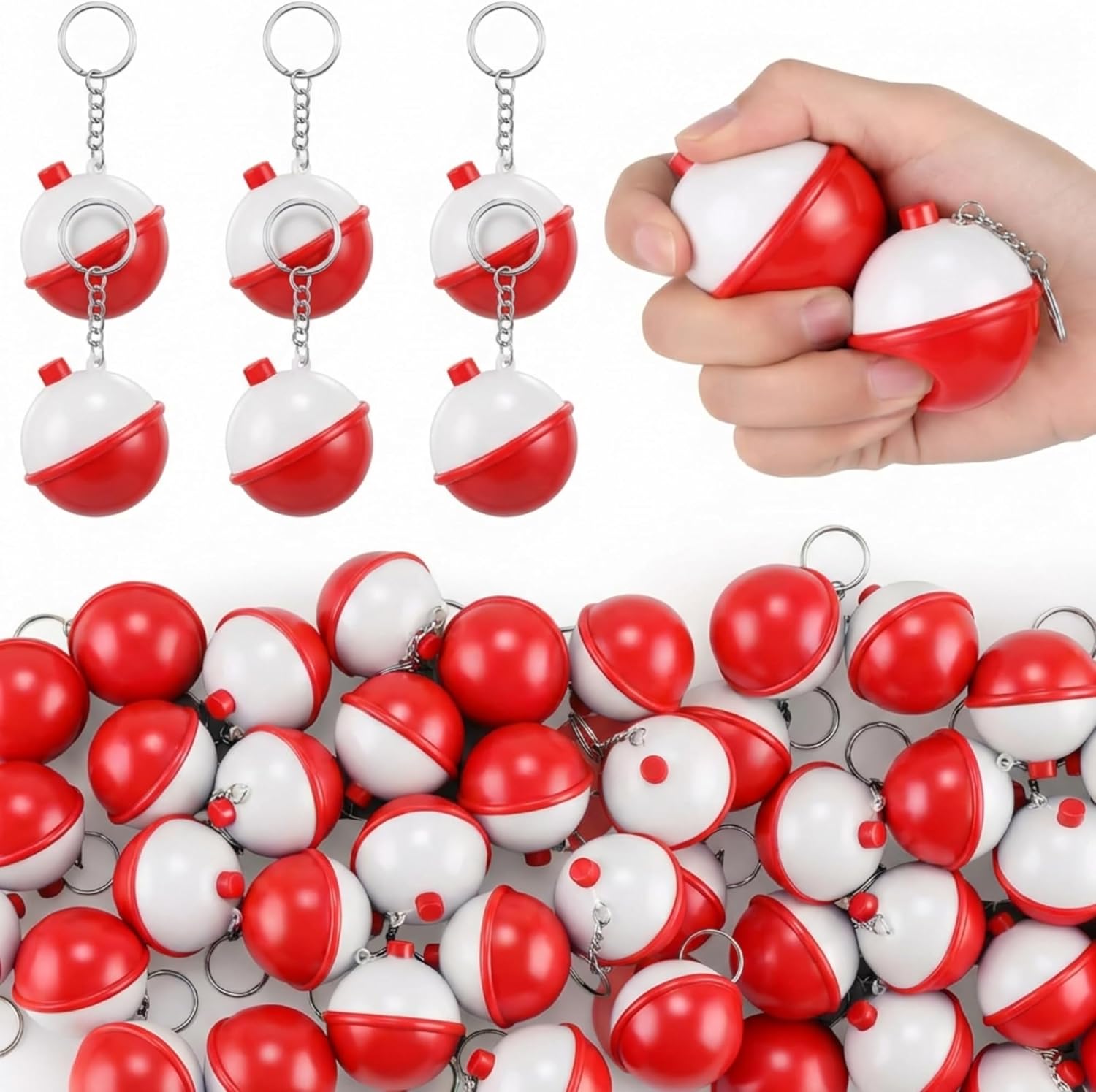 Libima 60 Pcs Fishing Party Favors – 2'' Bobber Stress Ball Keychains, Red Float Novelty Key Rings Bulk Gifts