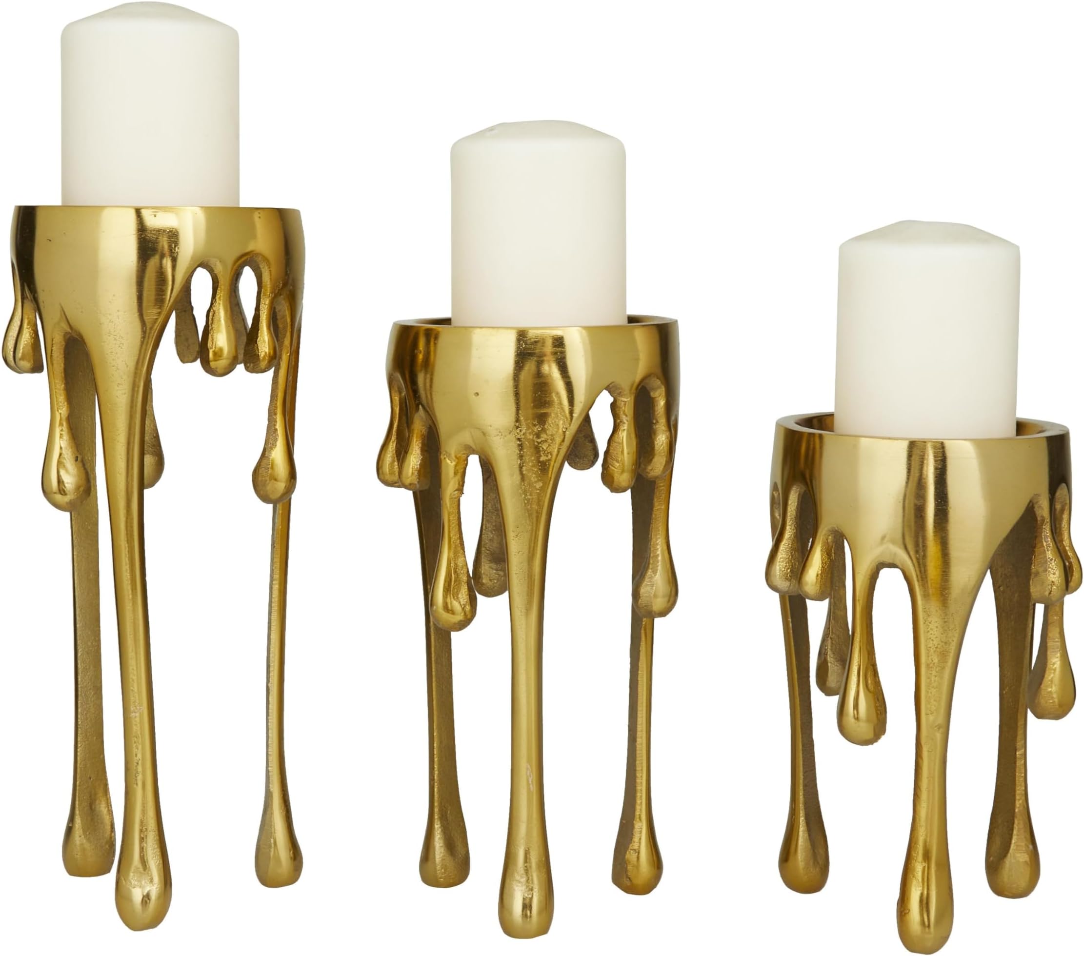 Deco 79 CosmoLiving by Cosmopolitan Aluminum Pillar Candle Holder with Dripping Melting Designed Legs, 12", 10", 8"H, Gold, SMALL SIZE, Set of 3