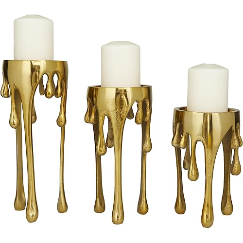 CosmoLiving by Cosmopolitan Aluminum Metal Abstract Decorative Candle Holder Melting Drip Candle Stand, Set of 3 Candlestick Holder 12", 10", 8"H, Gold