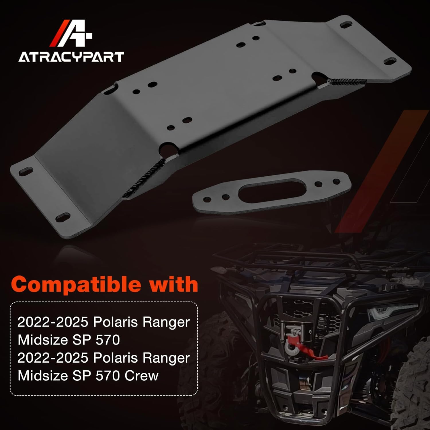 Winch Mount Plate Bracket Kit Compatible with 2022-2025 Polaris Ranger Midsize SP 570/ 570 Crew, Heavy Duty Steel Plate, Black Powder-Coated