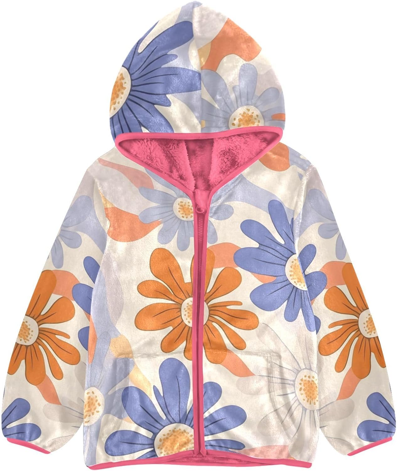 ALAZA Abstract Flower Blue Orange Hoodie Jacket for Girls Toddler Fleece Zip Up Coat Plush Jacket for 3 Years