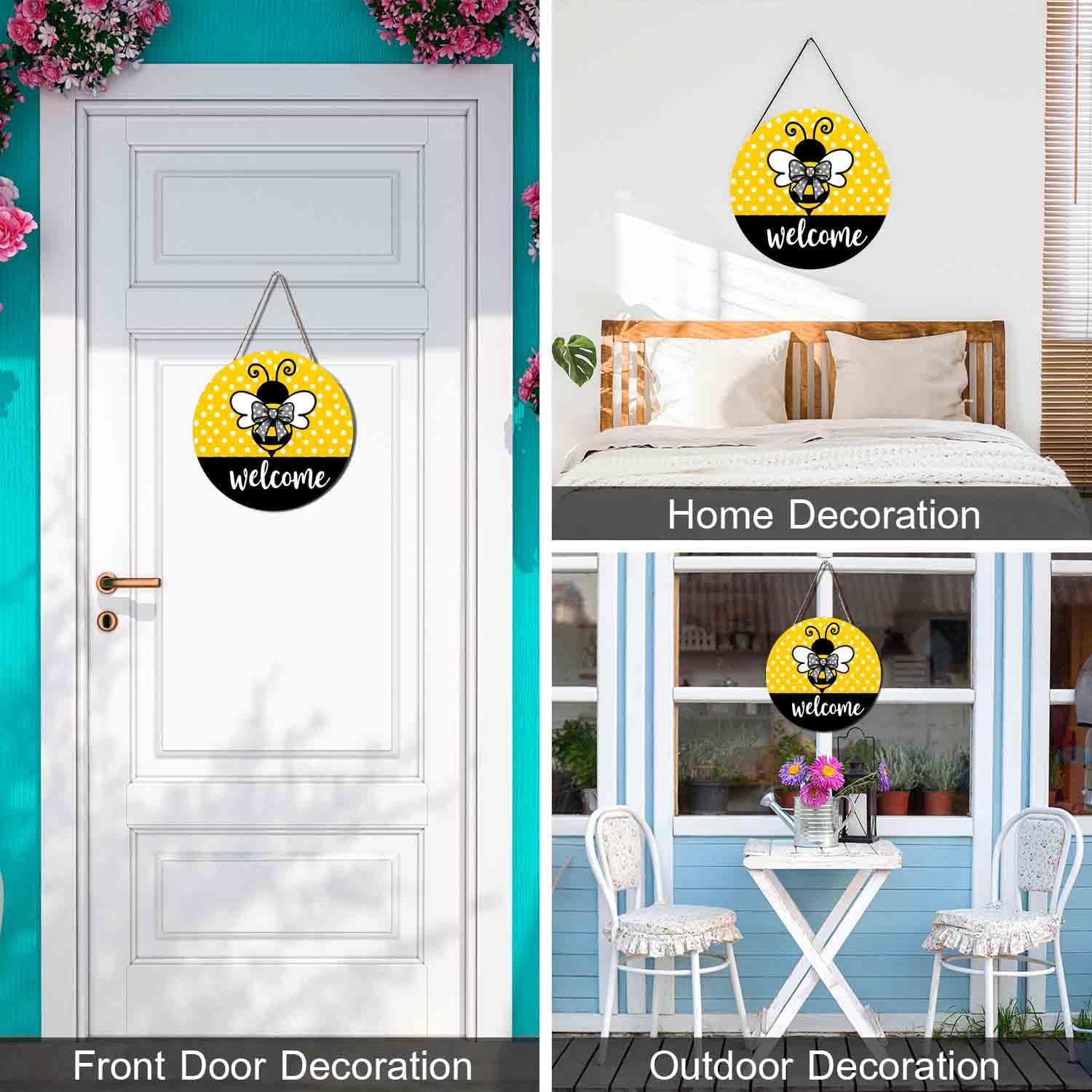 Bee Wreath Hangers For Front Door Welcome Home Sign, Welcome Summer Bumble Bee Farmhouse Door Hanger Indoor Outdoor Signs For Office Home Kitchen Party Window Decoration