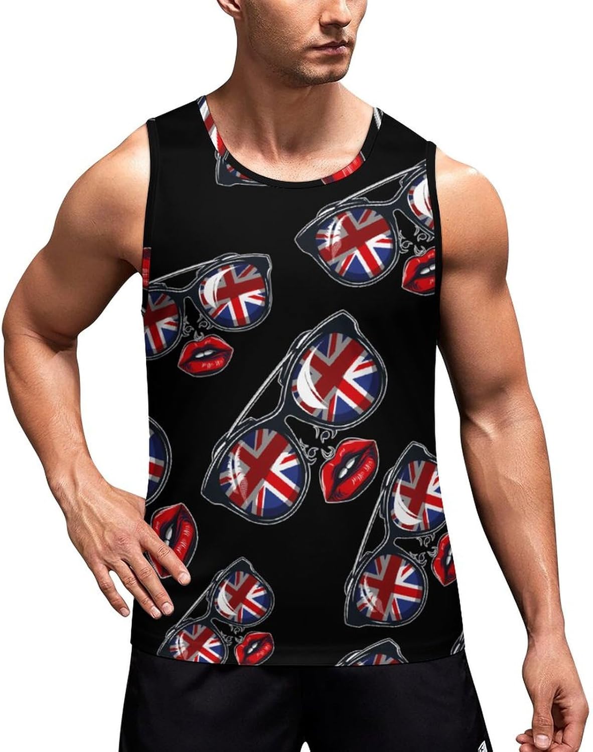 British Eyesglasses Lips Flag Kingdom Men's Tank Top Sleeveless Muscle Shirts Vest Beach T Shirts for Workout Gym