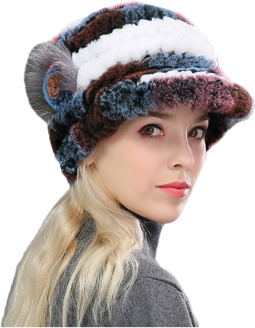 Women's Real Rex Rabbit Hair Knit Hat Elastic Cap for Winter Warm Visor