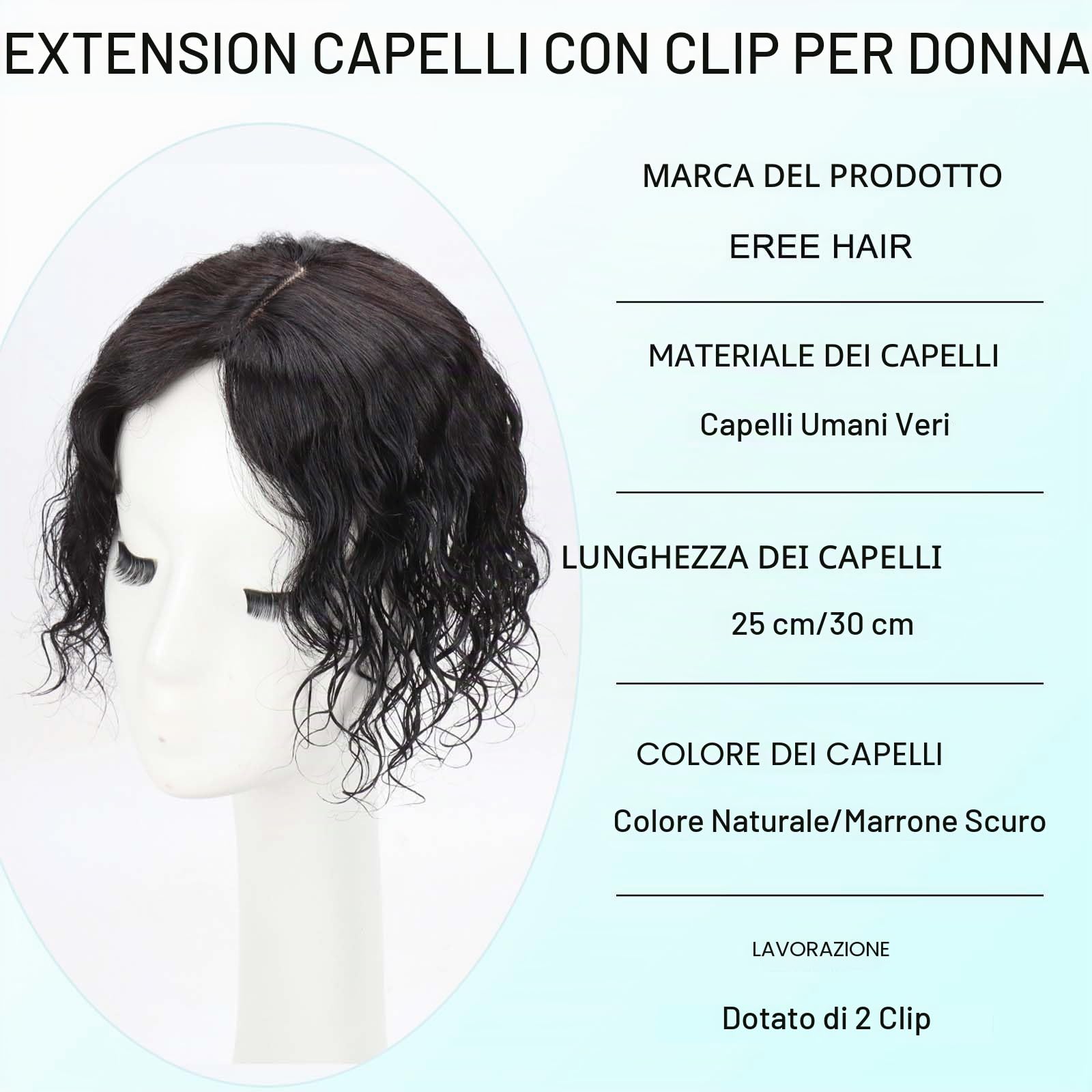 Capelli veri, 30 cm, base in seta ondulata, per donne con capelli diradanti, extension a clip con cuoio capelluto realistico, 7 x 10 cm, piccola copertura superficiale, marrone scuro