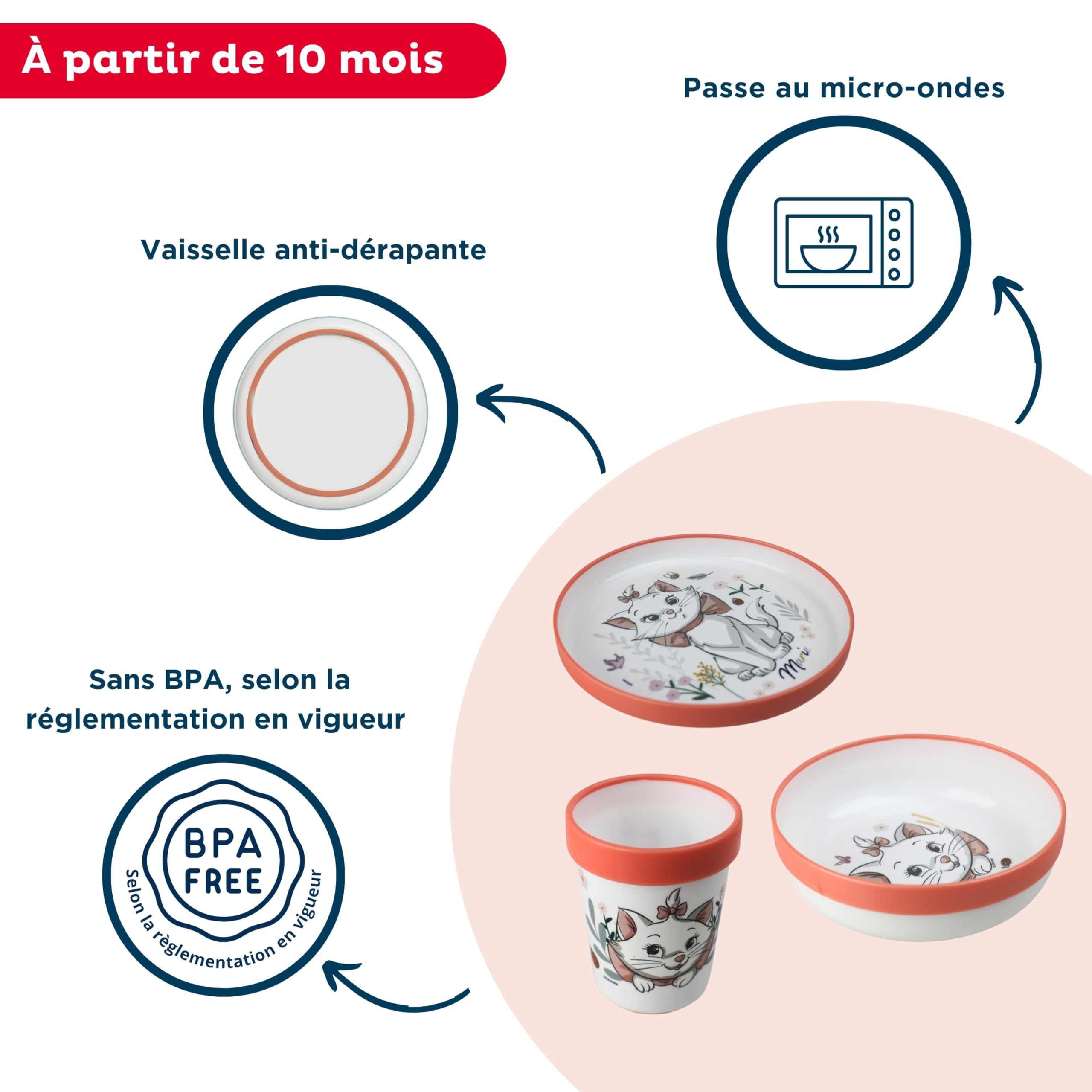 Disney Baby Aristochats Marie Coffret Repas 3 Pièces Bol Assiette Gobelet Anti-Dérapants Blanc