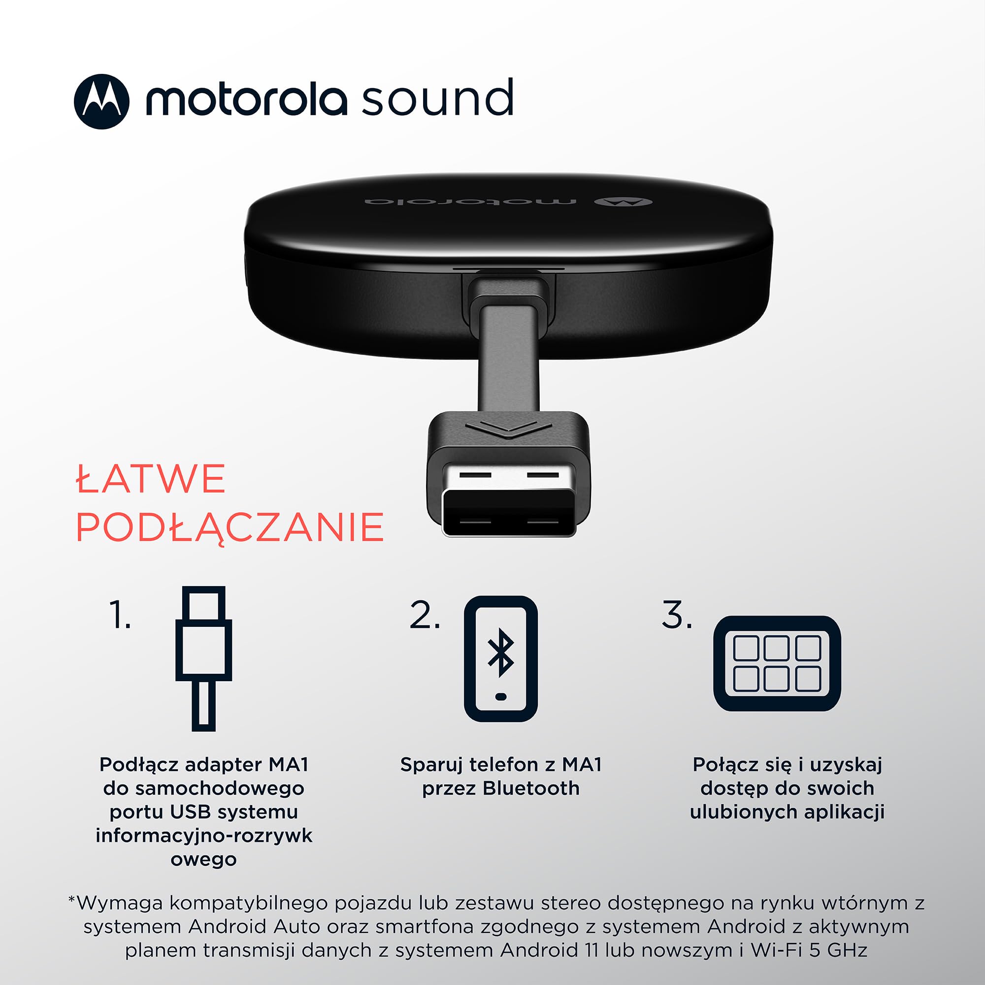 Motorola Sound MA1 - jedyny autoryzowany przez Google bezprzewodowy adapter samochodowy z systemem Android, natychmiastowe połączenie ze smartfona z ekranem samochodu