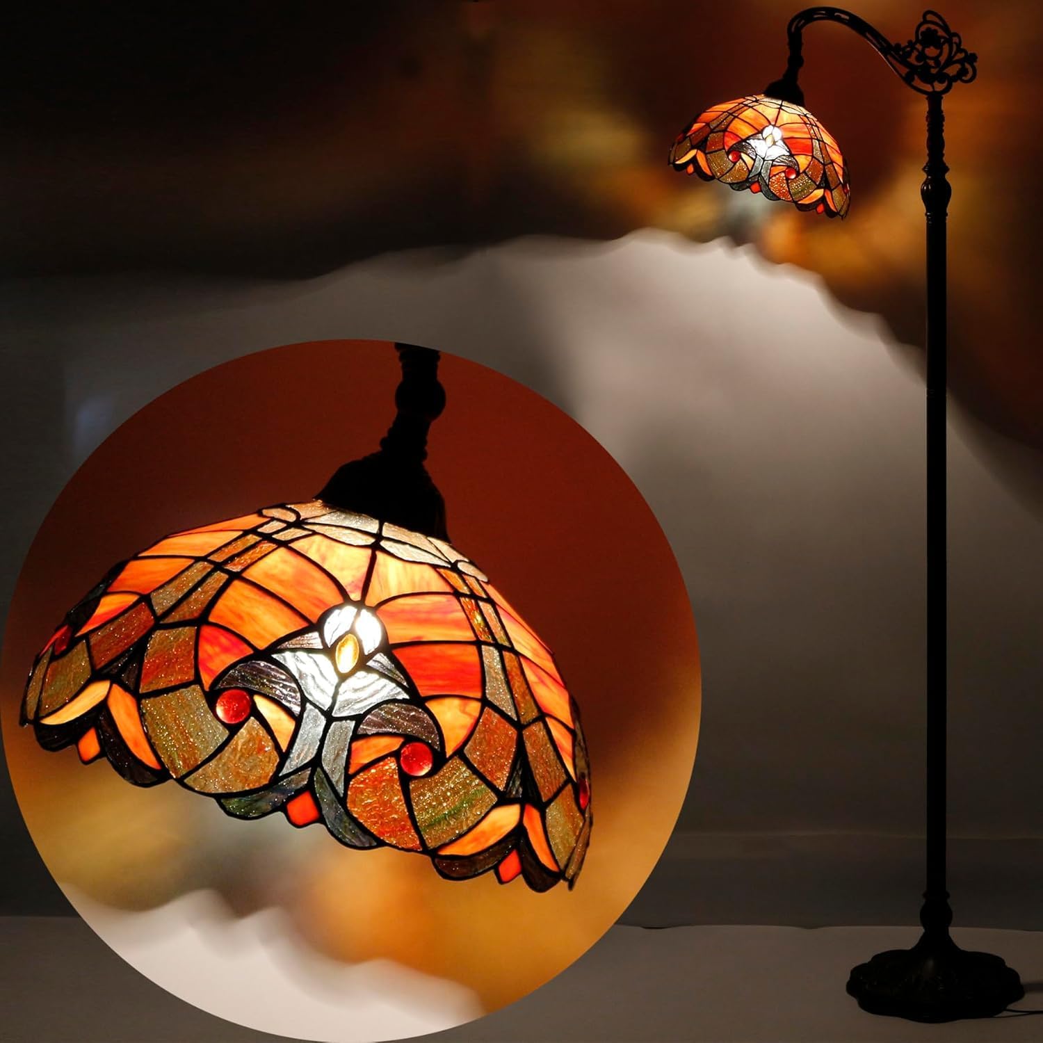 Tiffany Lamp Shade Replacement 12X6 Inch Stained Glass Lampshade Only 1-5/8-Inch Fitter Opening for Arched Floor Lamp, Torchiere Lamp, Pendant Light (Red)