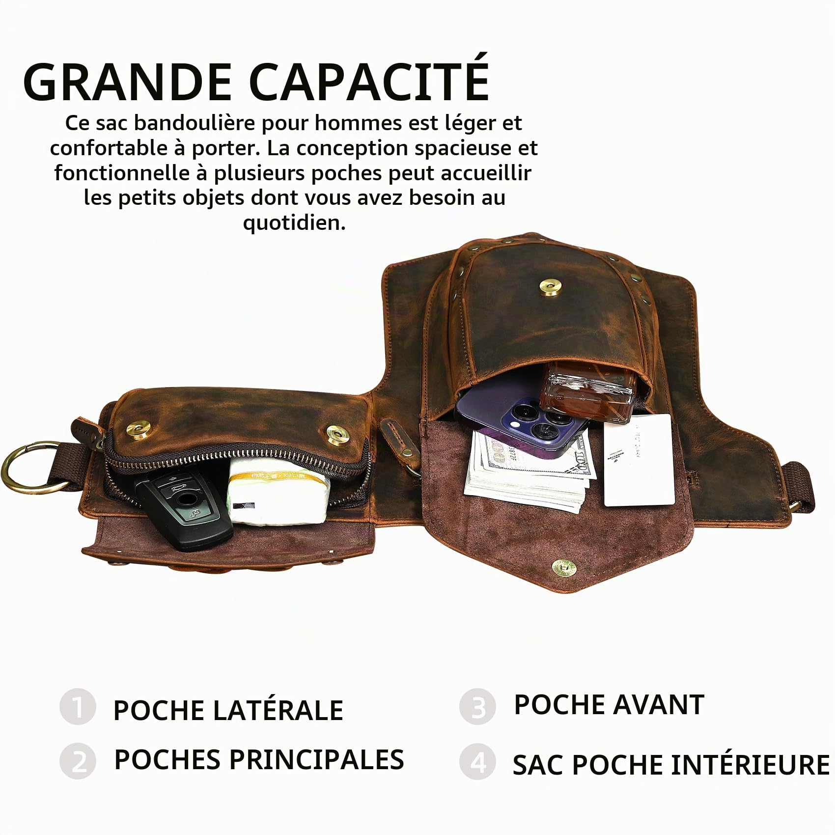 Toile Imperméable + Cuir Véritable Moto Fanny Sac de Taille Waist Bag Cuisses Sacs pour Les Jambes pour Hommes Femmes FB211-8 (100% Cuir véritable - a - Marron)