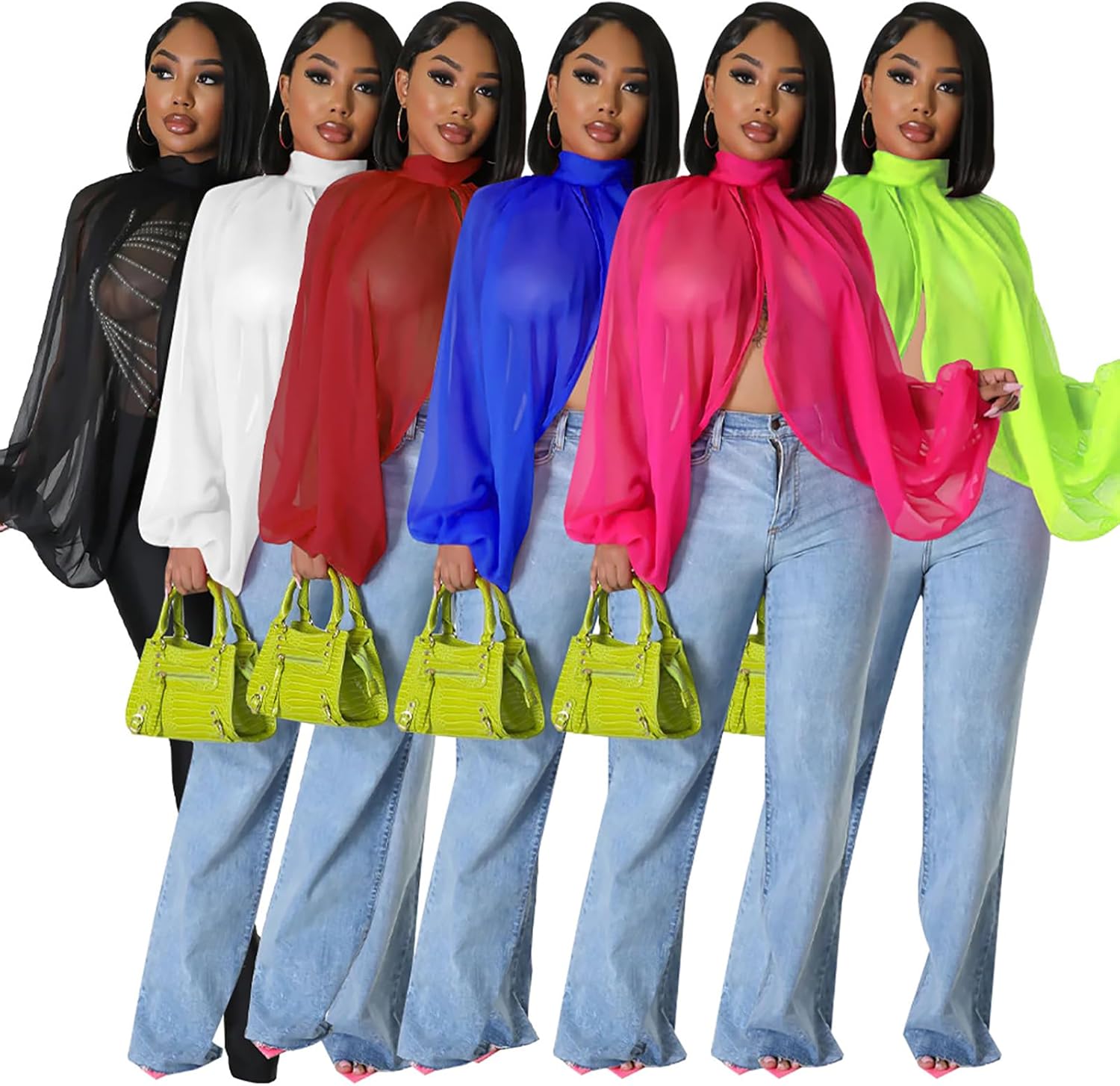 Women's Sexy See Through Chiffon Sheer Lantern Sleeve Front Back Open High Neck Self Tie Casual Shirts Blouses Tops - Image 6