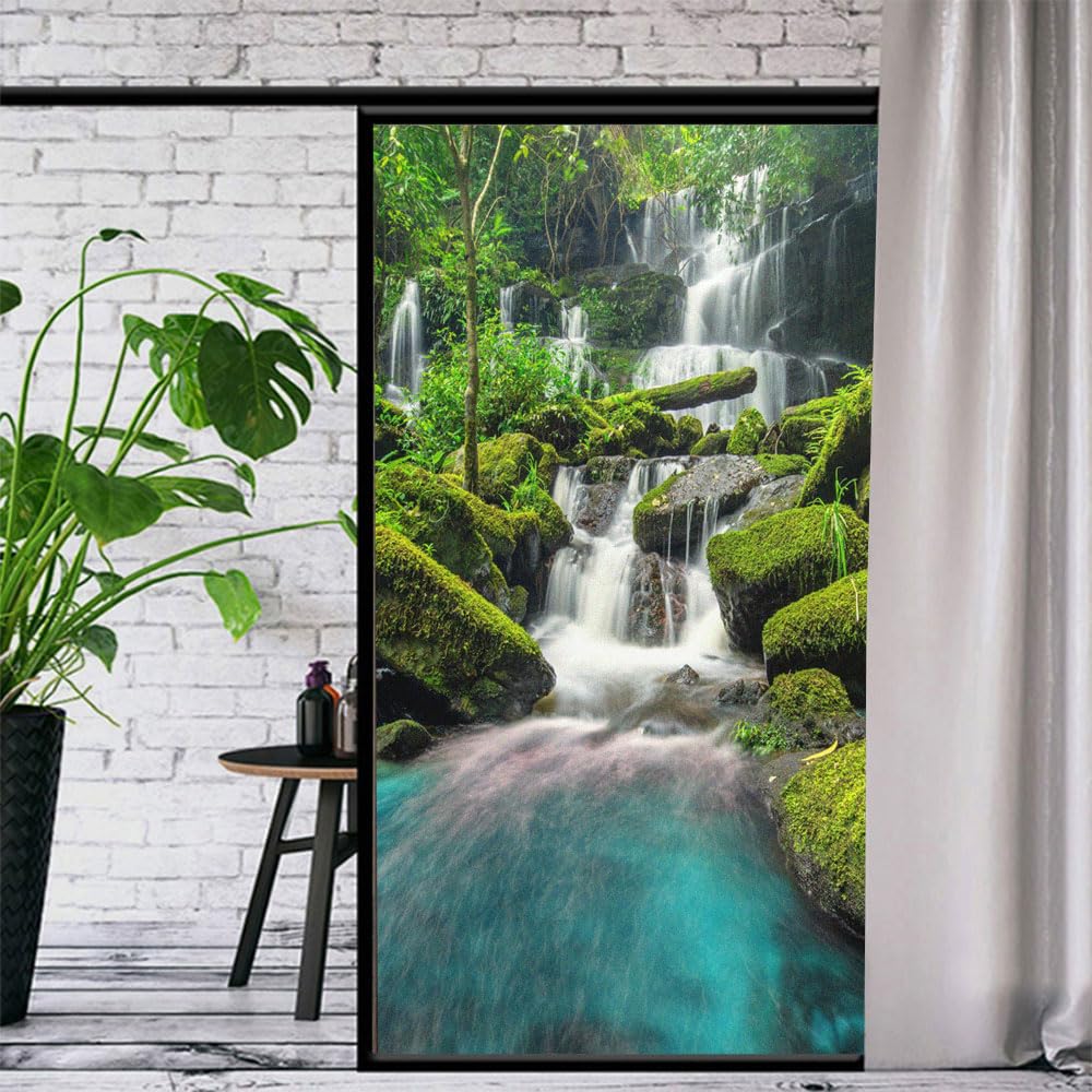 Static Cling Privacy Window Film Heat Control UV Blocking Window Glass Sticker Waterfall Frosted Window Film W17.7 x H59.1(45x150cm)