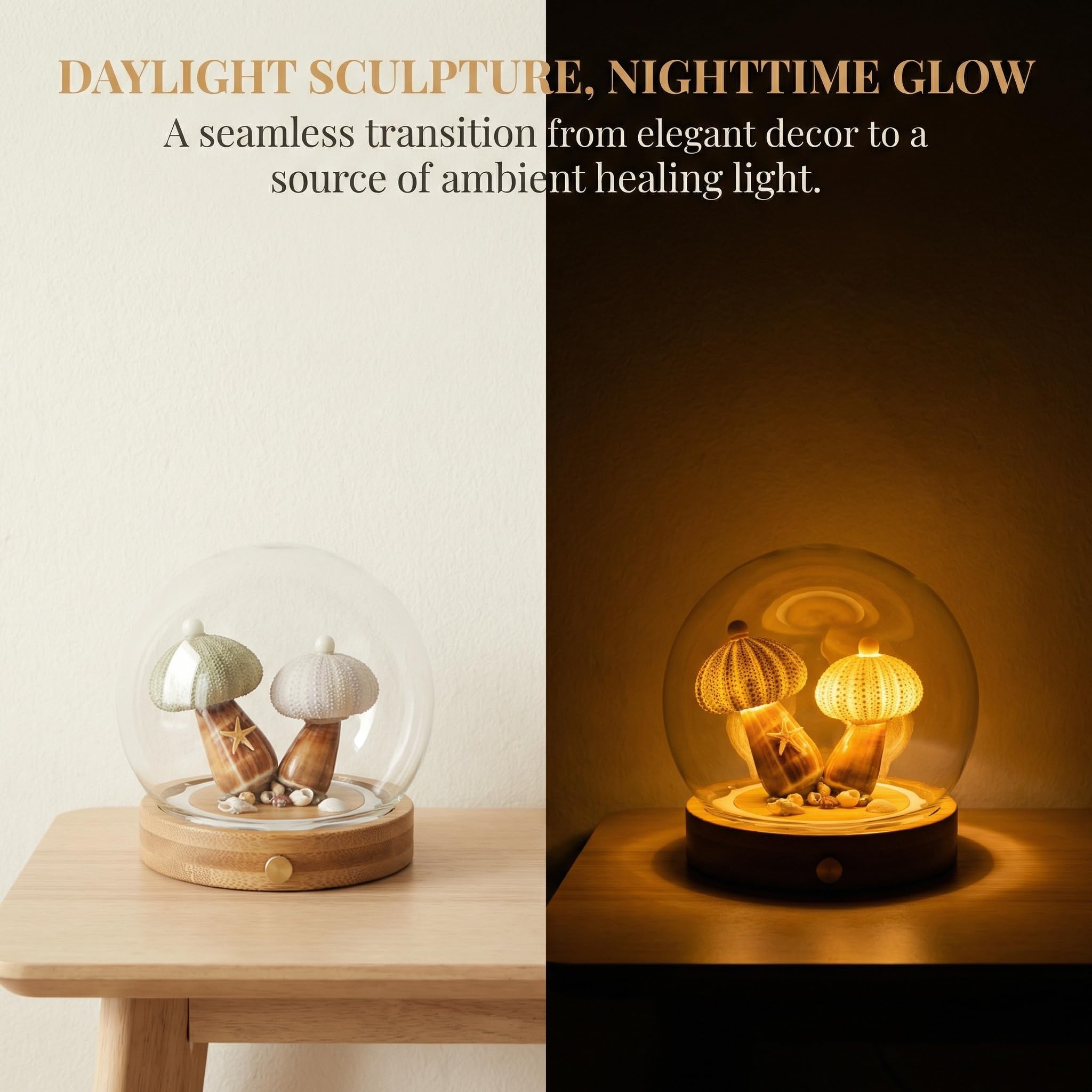 Seeigel Nachtlicht aus echtem Naturschale, Dimmbare kabellose Tischlampe mit Echtholzsockel, Touch-Steuerung & USB Aufladbar, Unikates Maritimes Deko-Geschenk für Schlafzimmer, Wohnzimmer