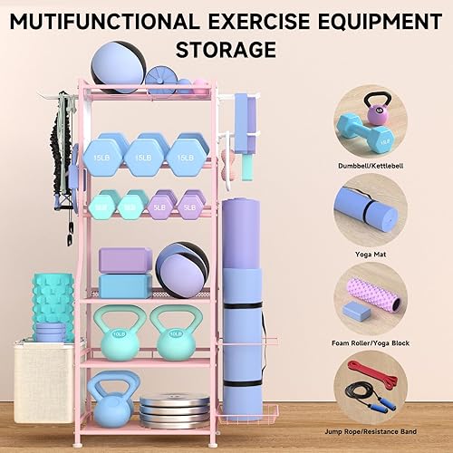 Miniatura 4 de Estante para mancuernas, almacenamiento de gimnasio en casa para pesas rusas, esterilla de yoga y equipo de entrenamiento de fuerza, estante de